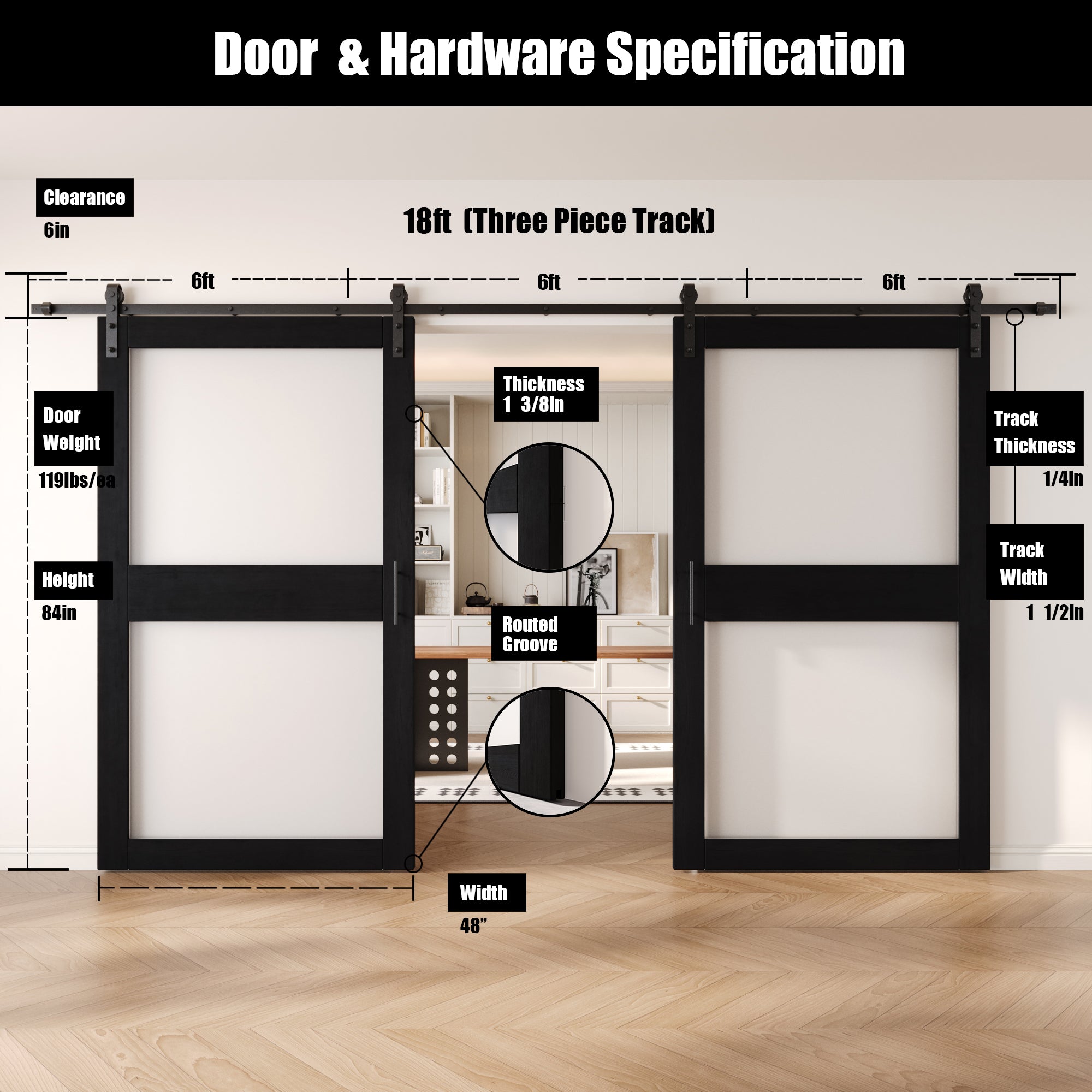 84" Height Black 2-Lite Frosted Glass Double Unassembled & Finished Pine Wood Barn Doors with Non-Bypass Installation Hardware Kit (Interior Use Only)