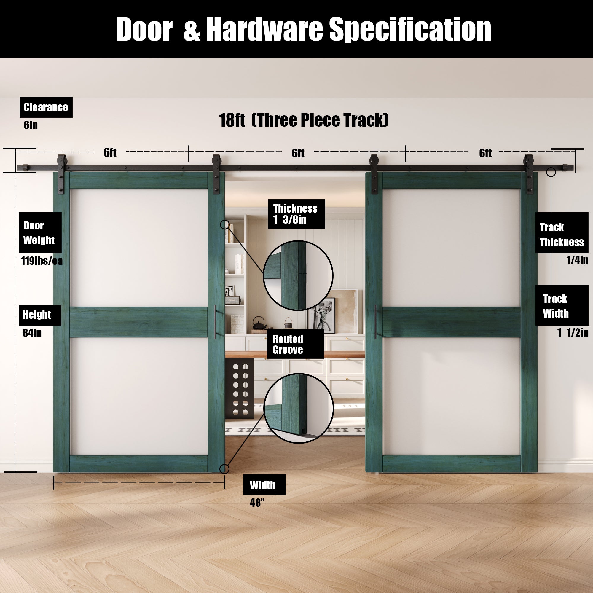 84" Height Royal Pine 2-Lite Frosted Glass Double Unassembled & Finished Pine Wood Barn Doors with Non-Bypass Installation Hardware Kit (Interior Use Only)