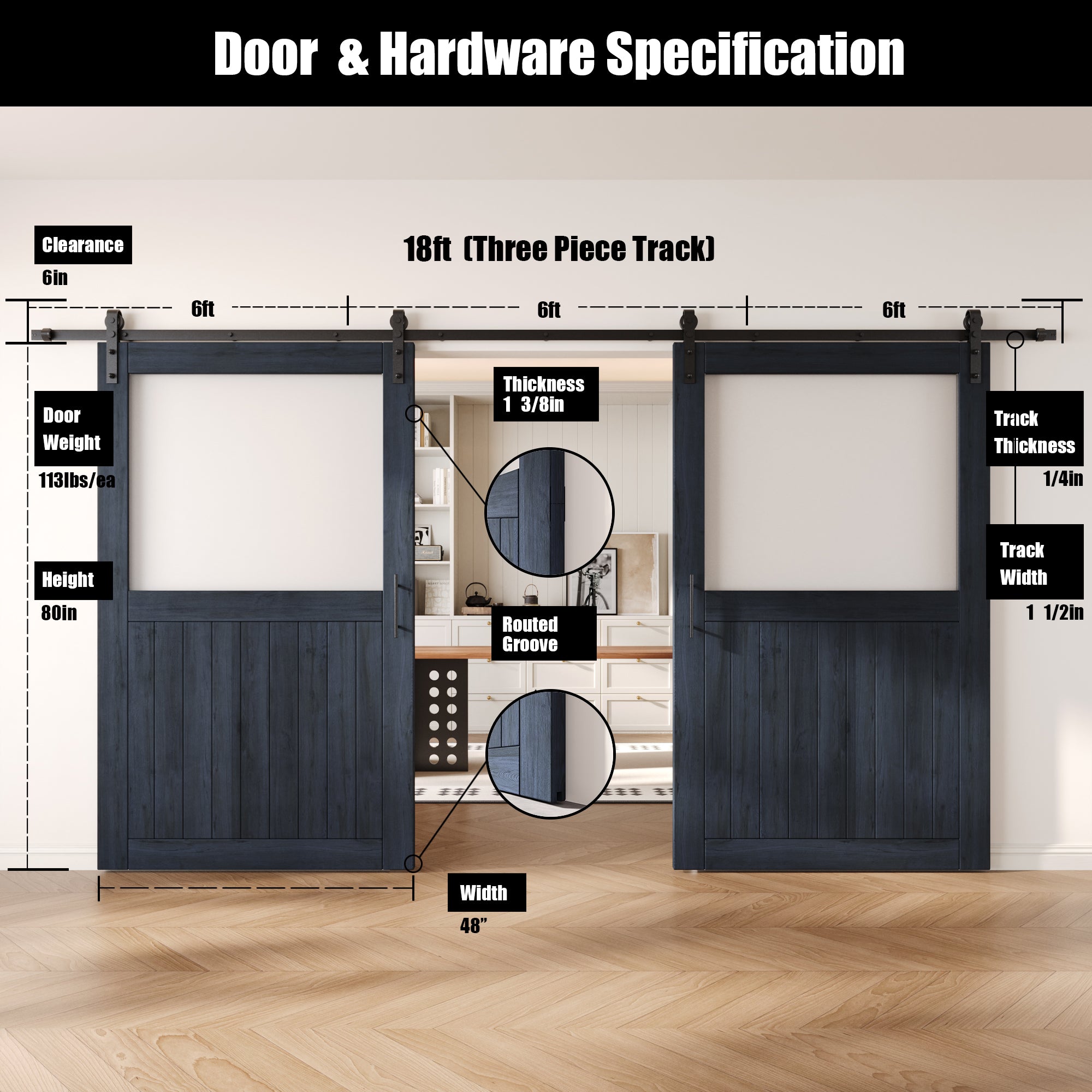 80" Height Navy Half Lite Frosted Glass Double Unassembled & Finished Pine Wood Barn Door with Non-Bypass Installation Hardware Kit (Interior Use Only)
