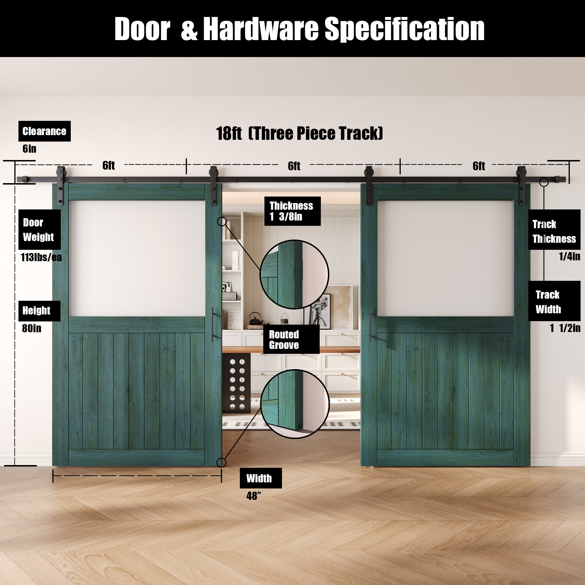 80" Height Royal Pine Half Lite Frosted Glass Double Unassembled & Finished Pine Wood Barn Door with Non-Bypass Installation Hardware Kit (Interior Use Only)