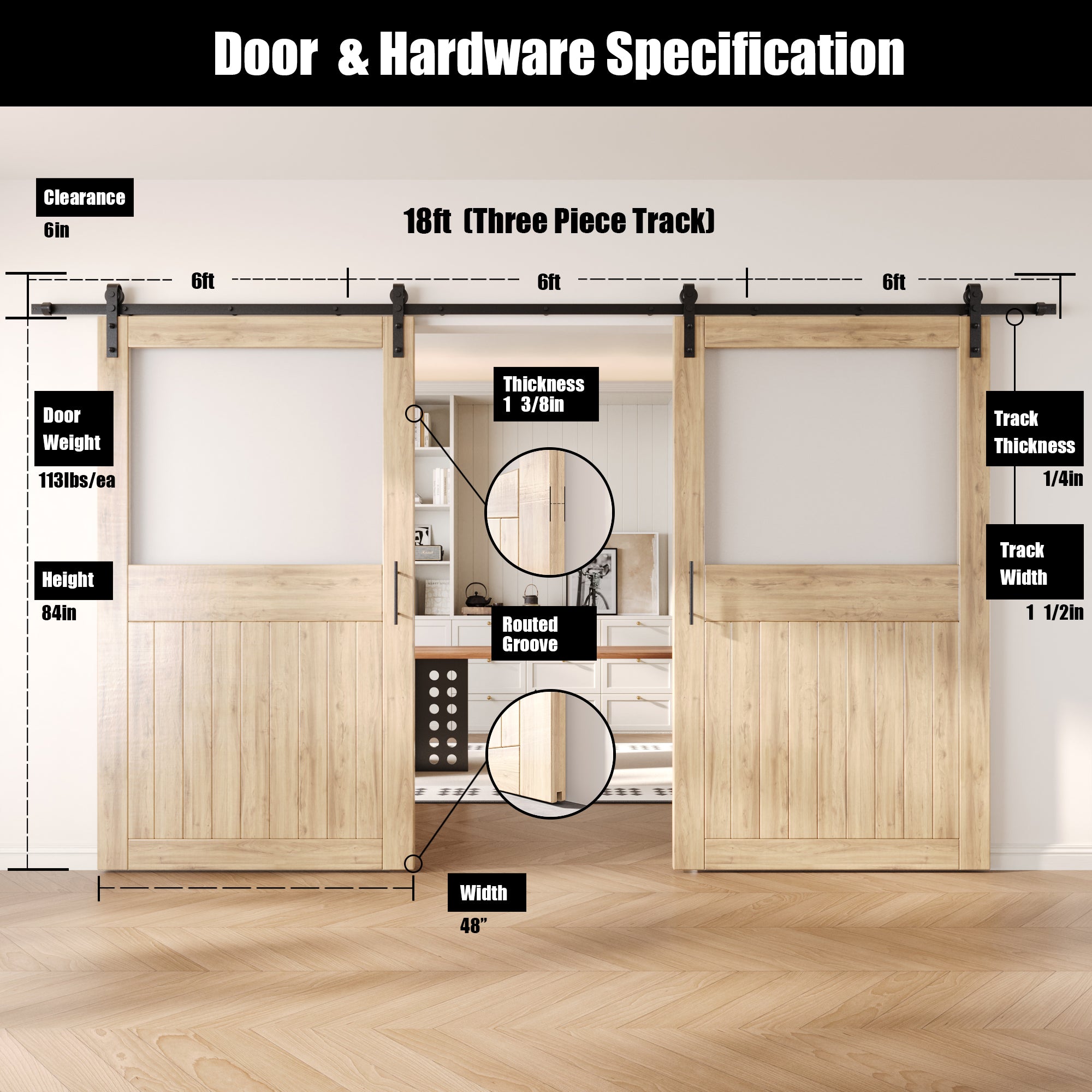 84" Height Half Lite Frosted Glass Double Unassembled & Unfinished Pine Wood Barn Door with Non-Bypass Installation Hardware Kit (Interior Use Only)