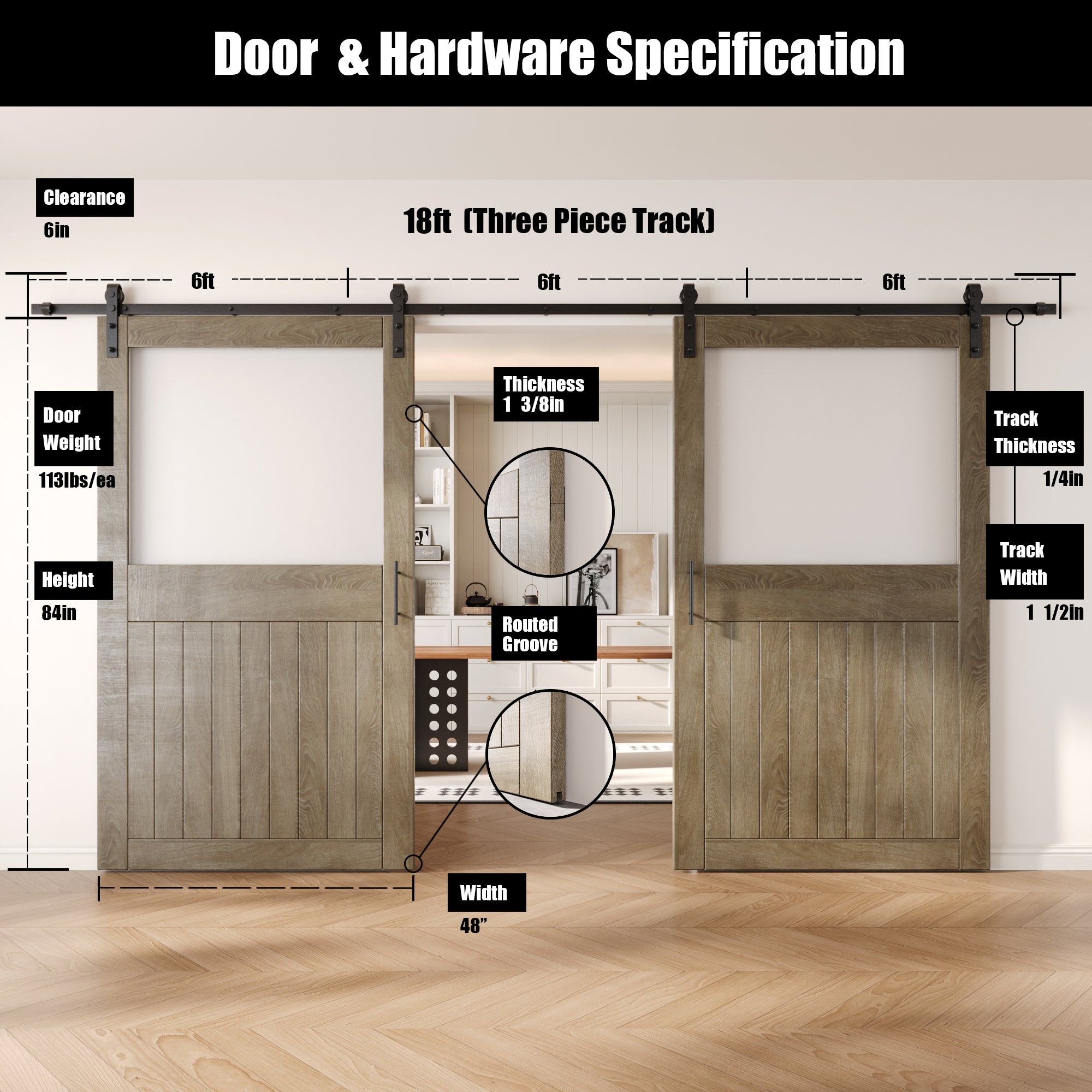 84" Height Classic Gray Half Lite Frosted Glass Double Unassembled & Finished Pine Wood Barn Door with Non-Bypass Installation Hardware Kit (Interior Use Only)