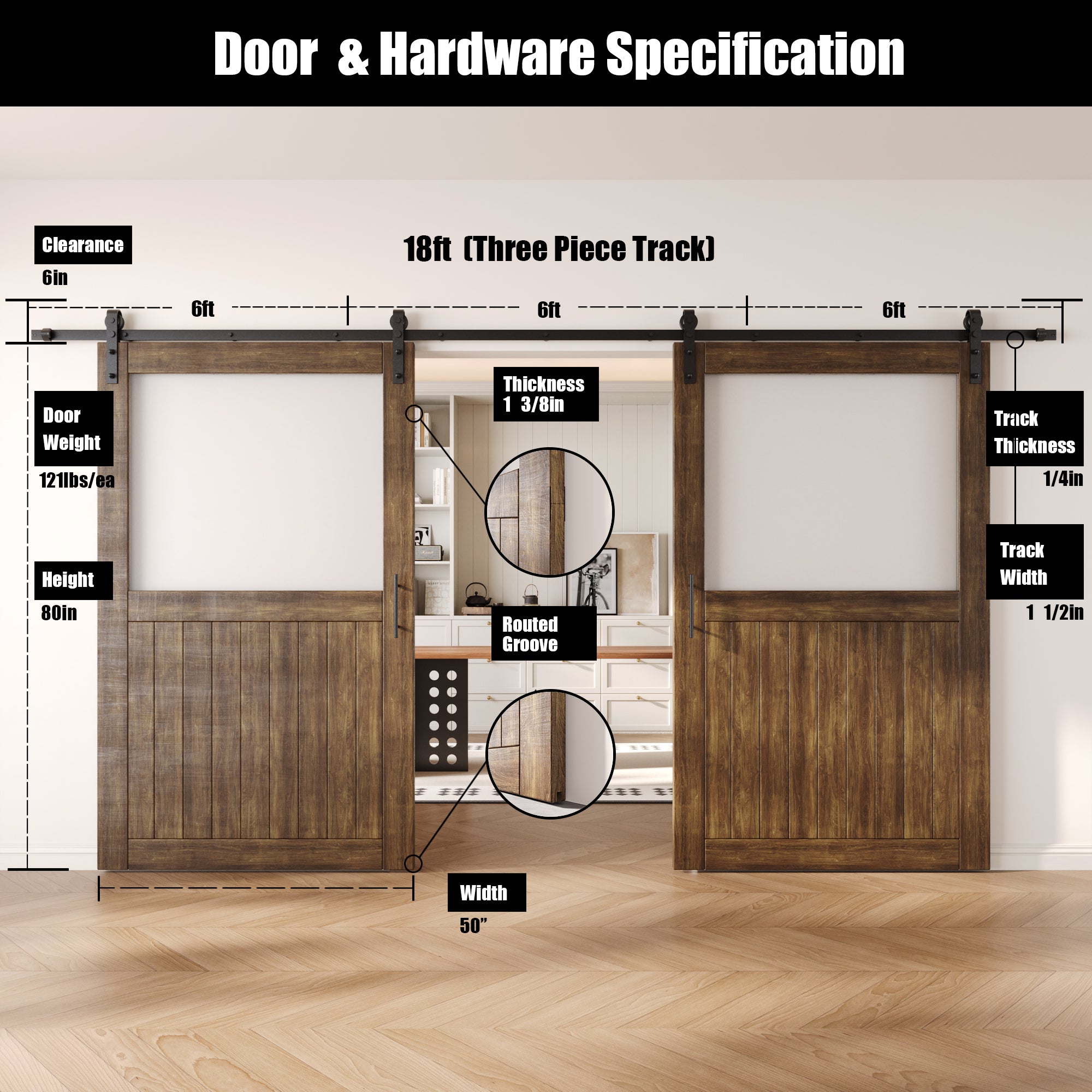 80" Height Dark Walnut Half Lite Frosted Glass Double Unassembled & Finished Pine Wood Barn Door with Non-Bypass Installation Hardware Kit (Interior Use Only)