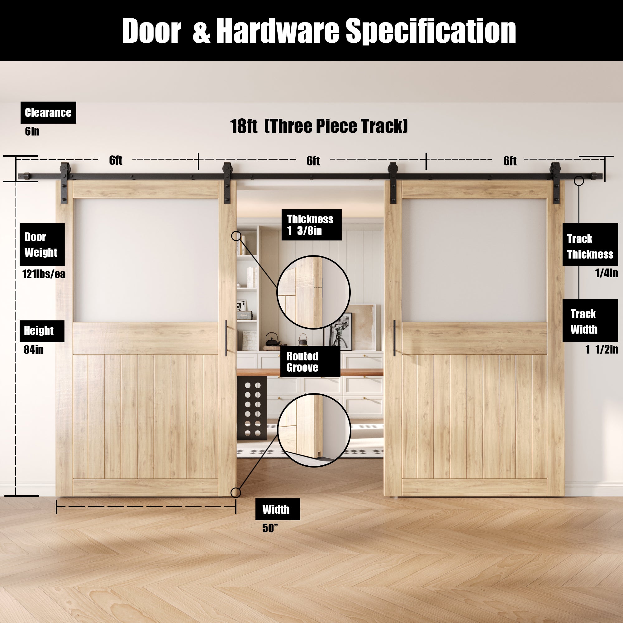 84" Height Half Lite Frosted Glass Double Unassembled & Unfinished Pine Wood Barn Door with Non-Bypass Installation Hardware Kit (Interior Use Only)