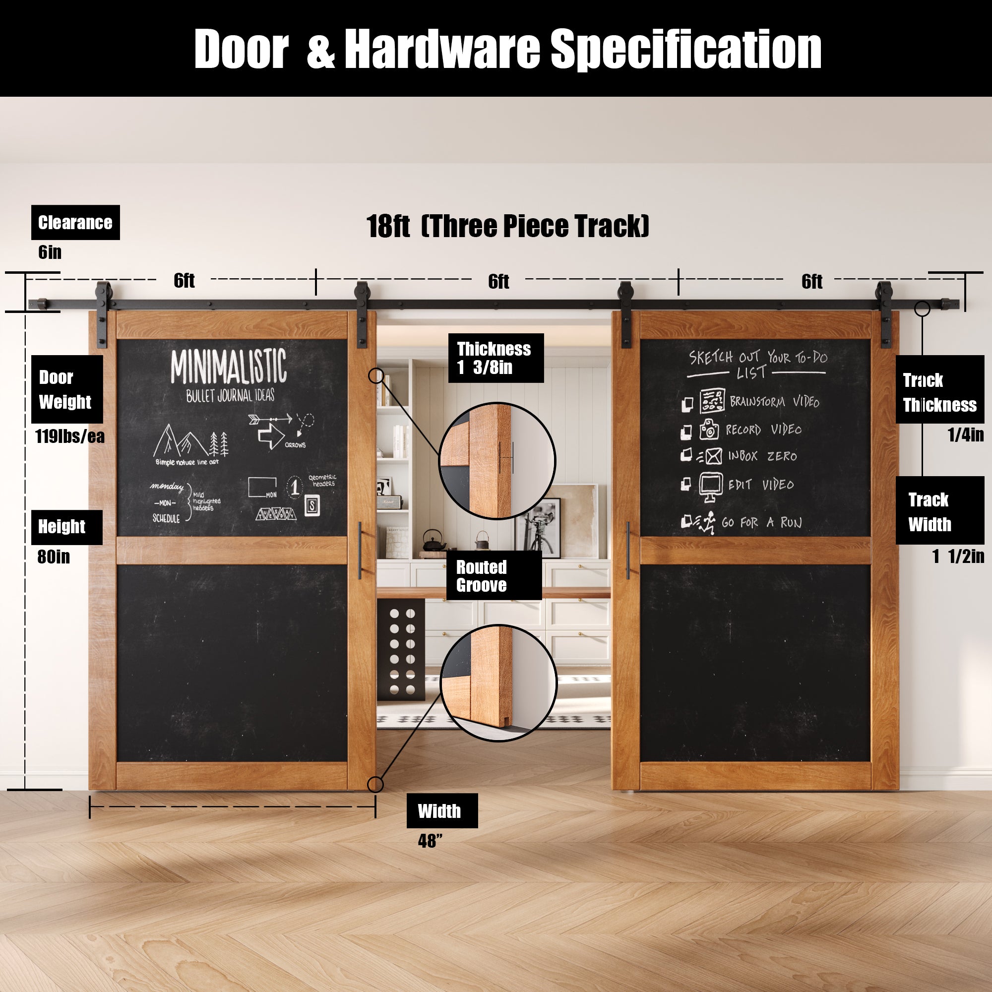 80" Height Early American Chalkboard Design Double Unassembled & Finished Pine Wood Barn Doors with Non-Bypass Installation Hardware Kit (Interior Use Only)