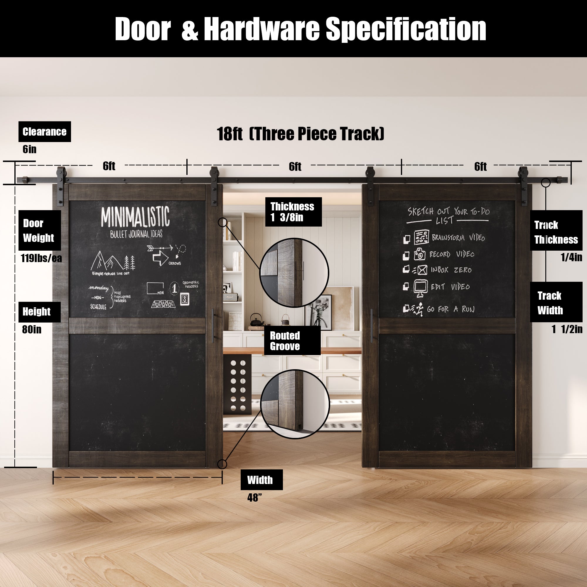 80" Height Ebony Chalkboard Design Double Unassembled & Finished Pine Wood Barn Doors with Non-Bypass Installation Hardware Kit (Interior Use Only)