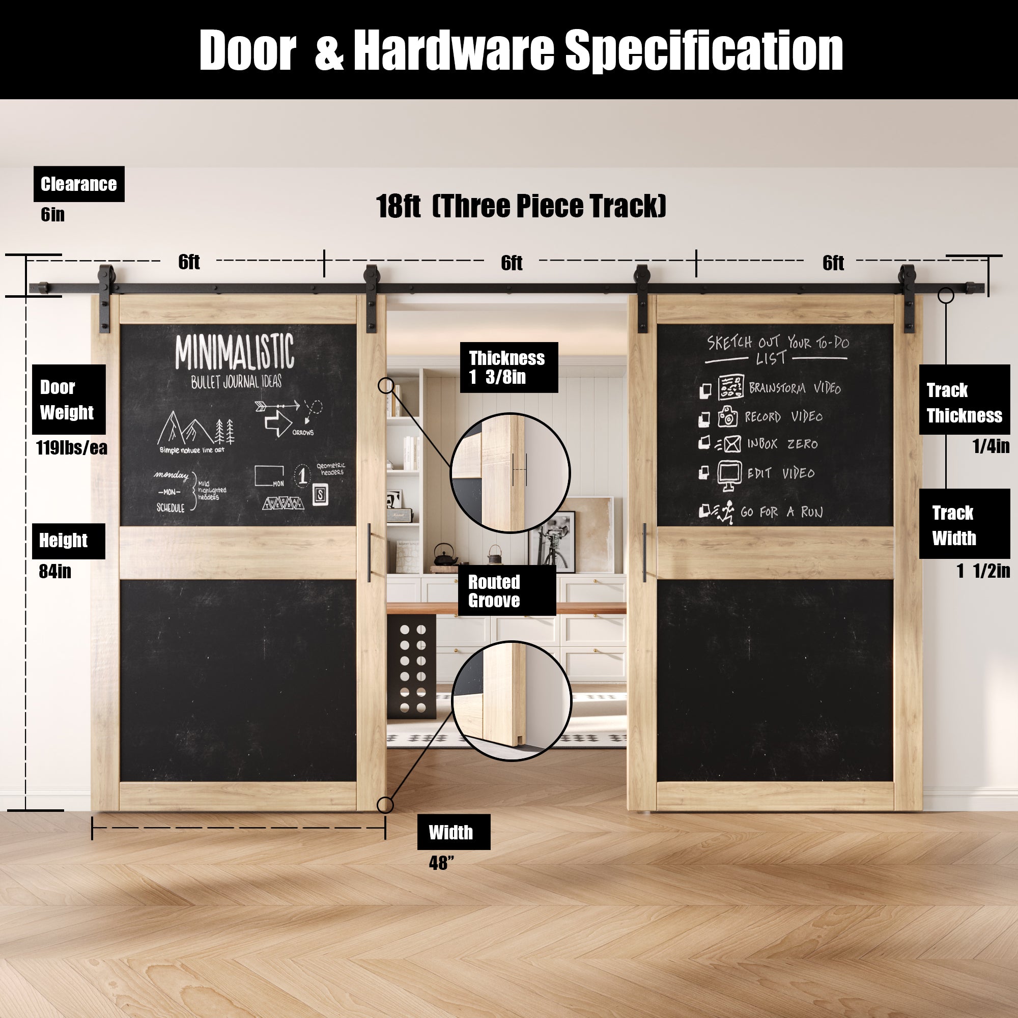 84" Height Chalkboard Design Double Unassembled & Unfinished Pine Wood Barn Doors with Non-Bypass Installation Hardware Kit (Interior Use Only)