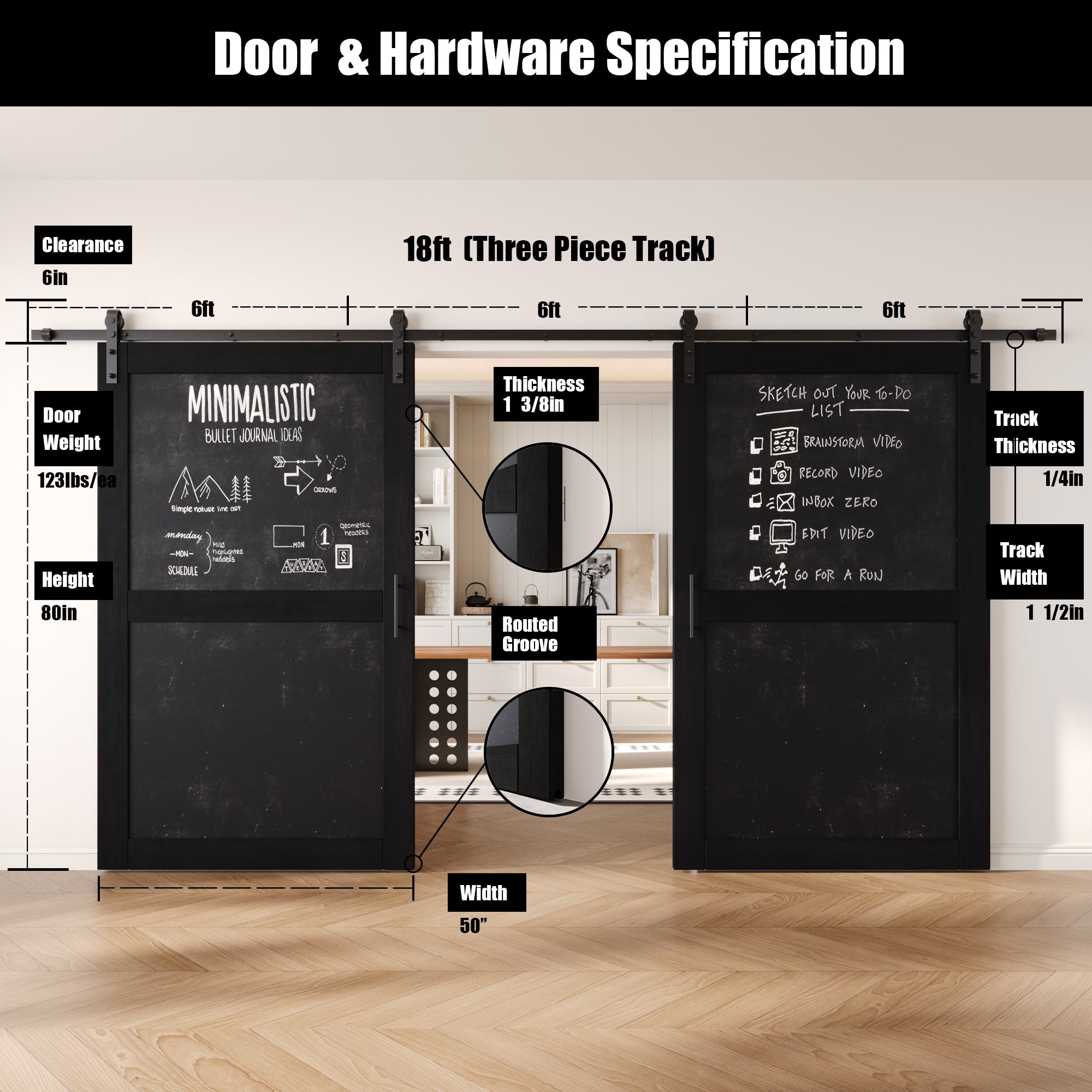 80" Height Black Chalkboard Design Double Unassembled & Finished Pine Wood Barn Doors with Non-Bypass Installation Hardware Kit (Interior Use Only)