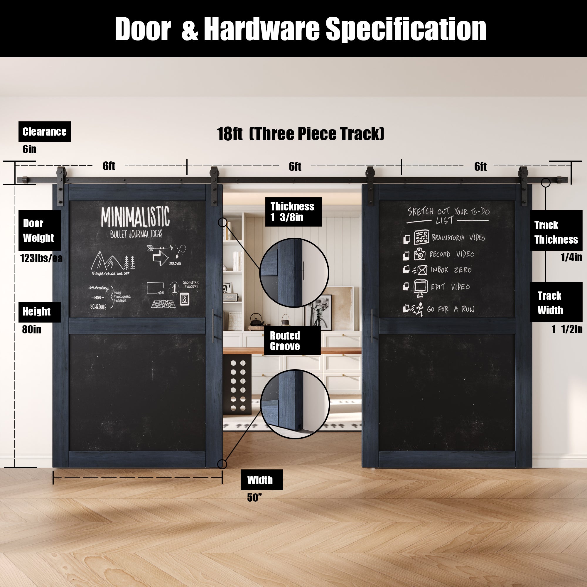 80" Height Navy Chalkboard Design Double Unassembled & Finished Pine Wood Barn Doors with Non-Bypass Installation Hardware Kit (Interior Use Only)