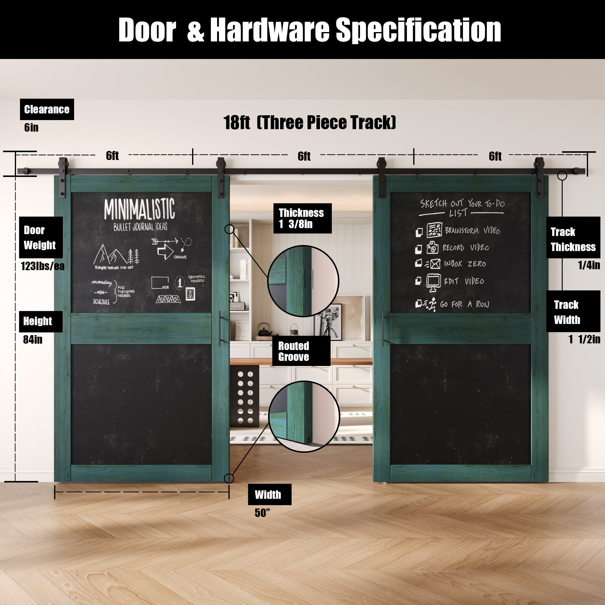 84" Height Royal Pine Chalkboard Design Double Unassembled & Finished Pine Wood Barn Doors with Non-Bypass Installation Hardware Kit (Interior Use Only)