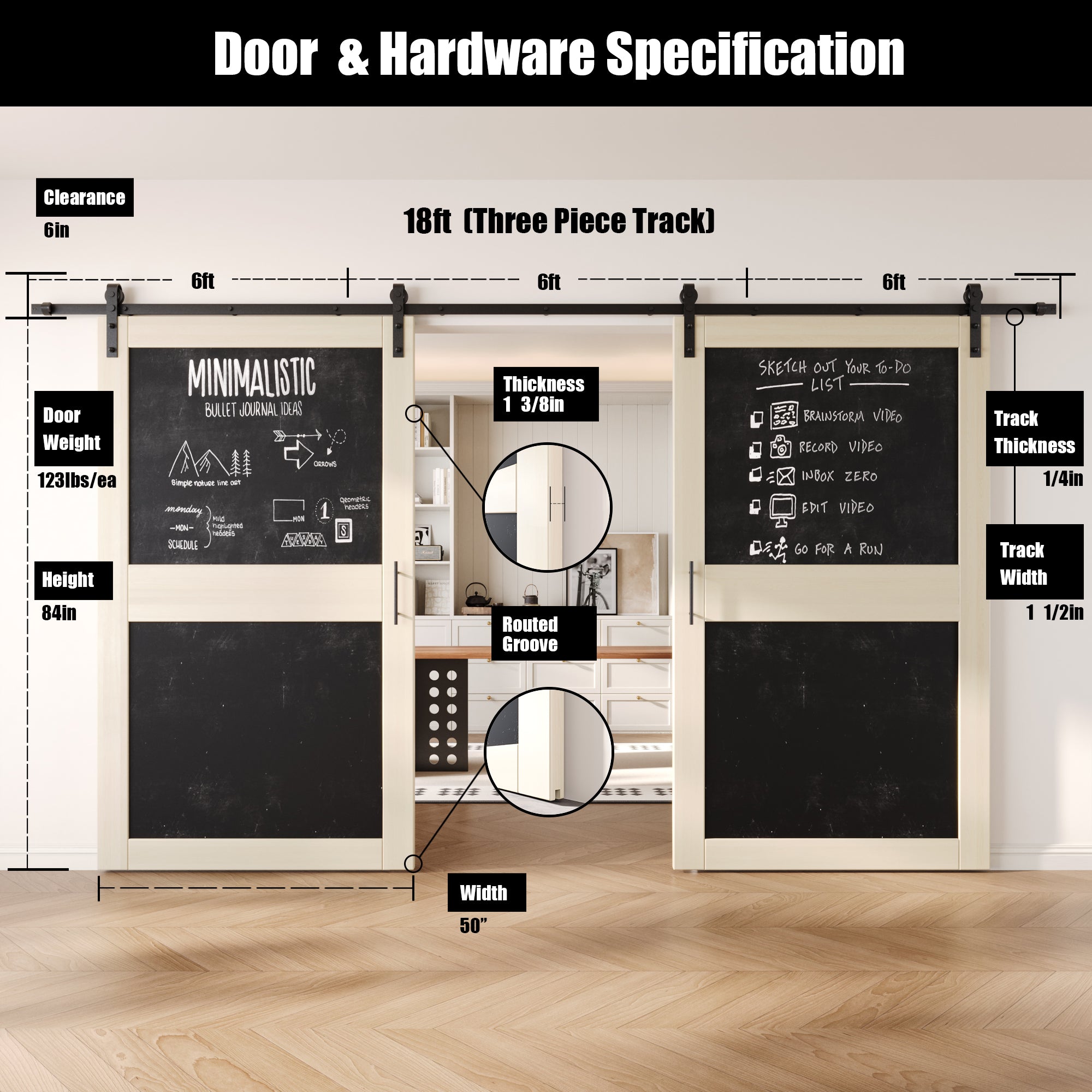 84" Height Tinsmith Gray Chalkboard Design Double Unassembled & Finished Pine Wood Barn Doors with Non-Bypass Installation Hardware Kit (Interior Use Only)