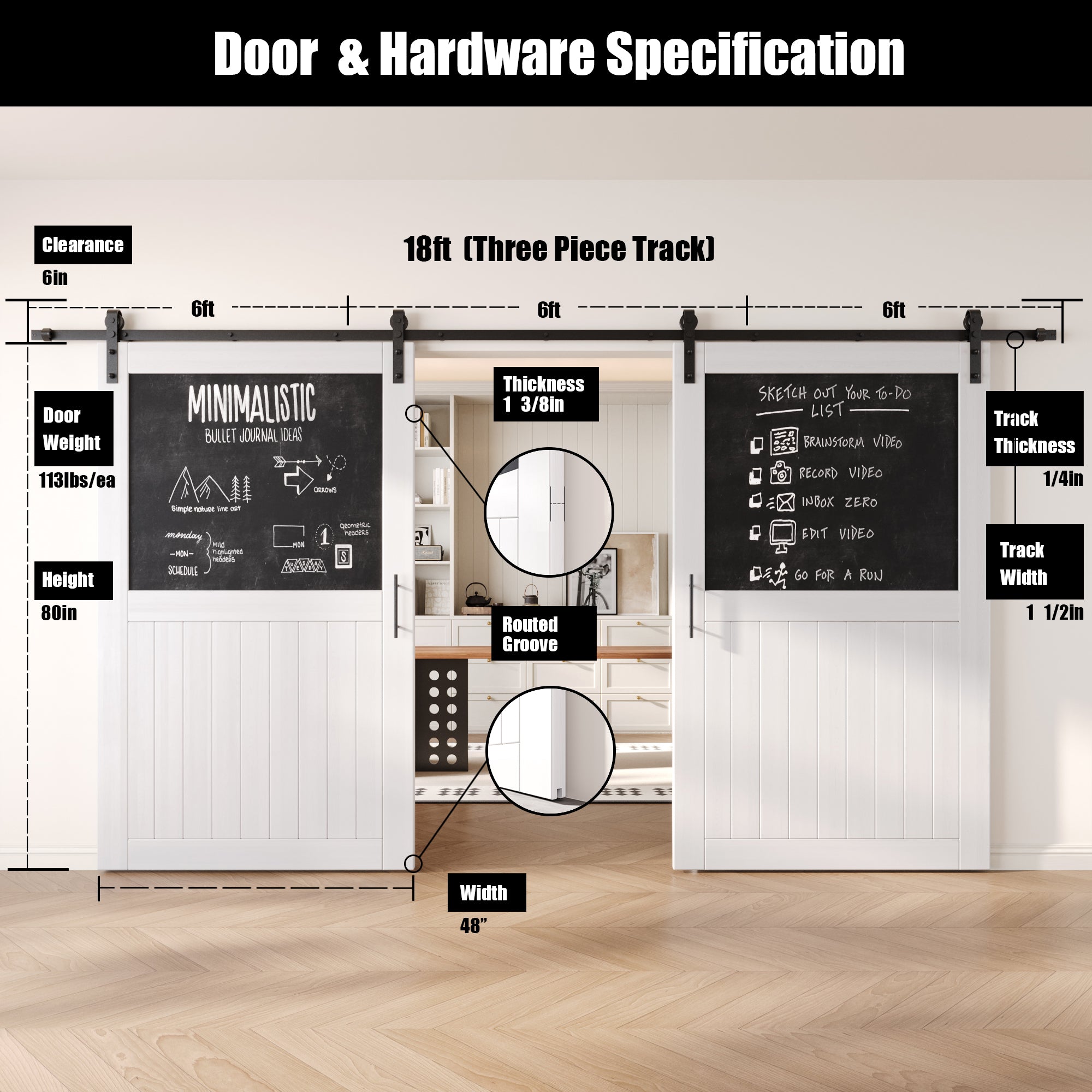 80" Height White Top Chalkboard Panel Double Unassembled & Finished Pine Wood Barn Doors with Non-Bypass Installation Hardware Kit (Interior Use Only)