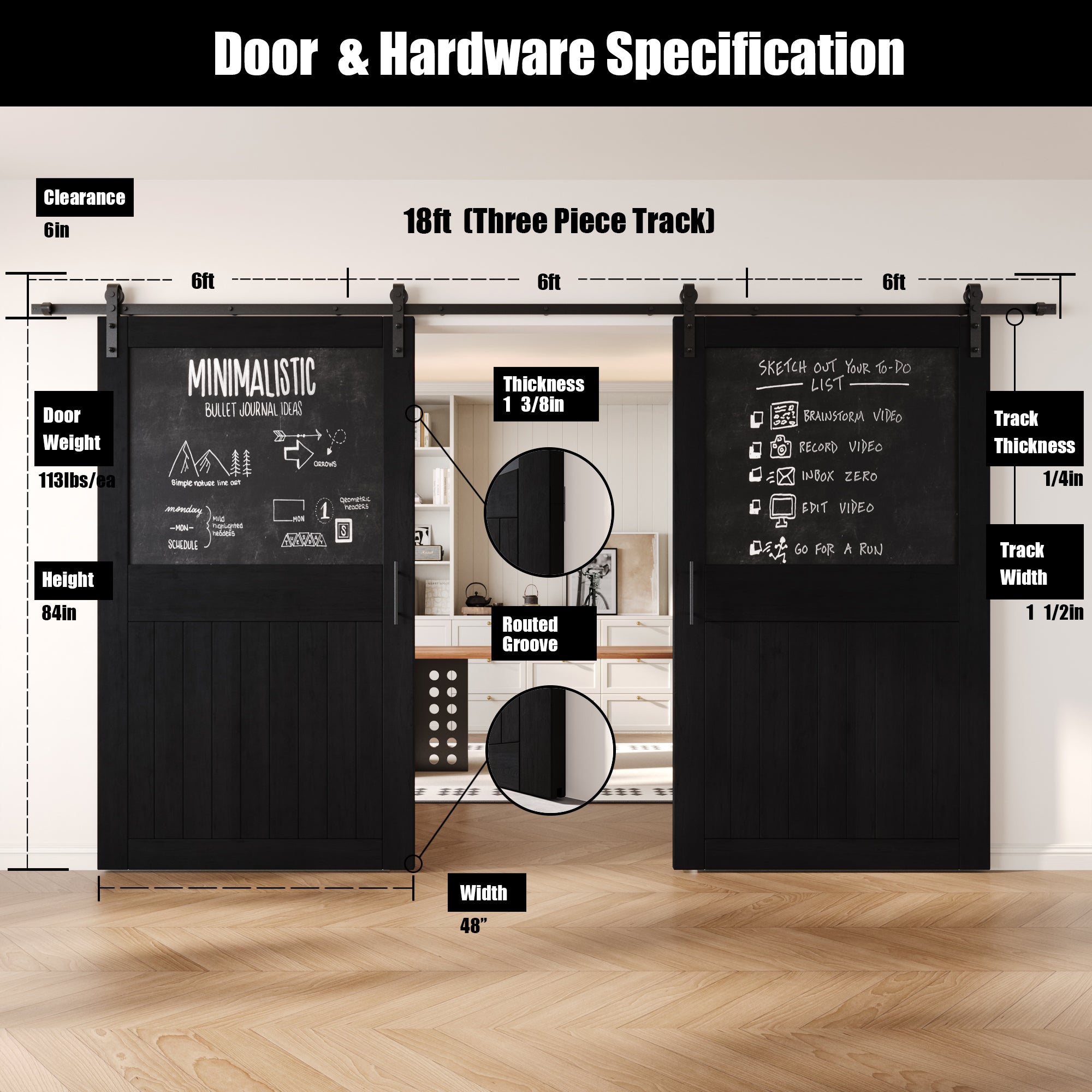 84" Height Black Top Chalkboard Panel Double Unassembled & Finished Pine Wood Barn Doors with Non-Bypass Installation Hardware Kit (Interior Use Only)