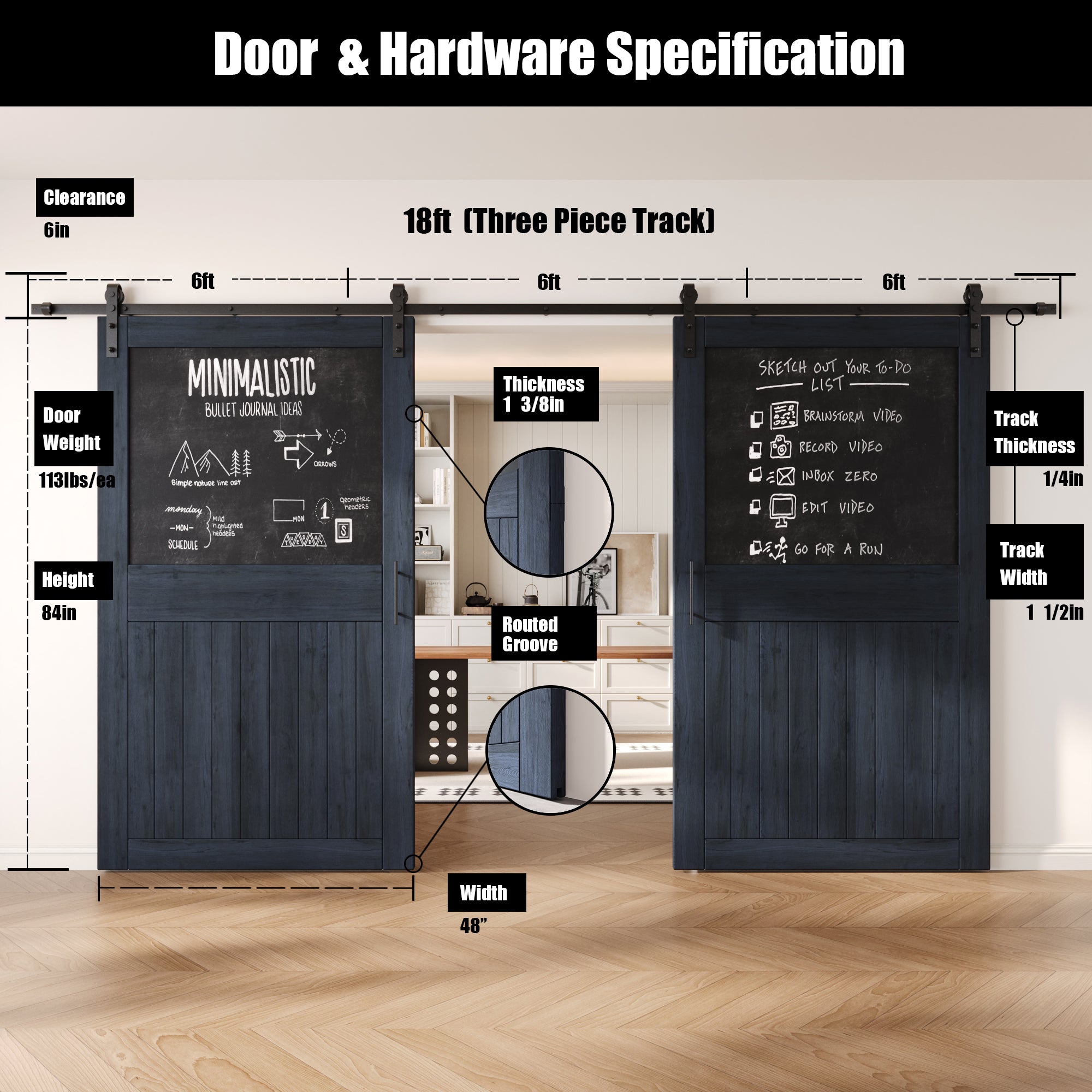 84" Height Navy Top Chalkboard Panel Double Unassembled & Finished Pine Wood Barn Doors with Non-Bypass Installation Hardware Kit (Interior Use Only)