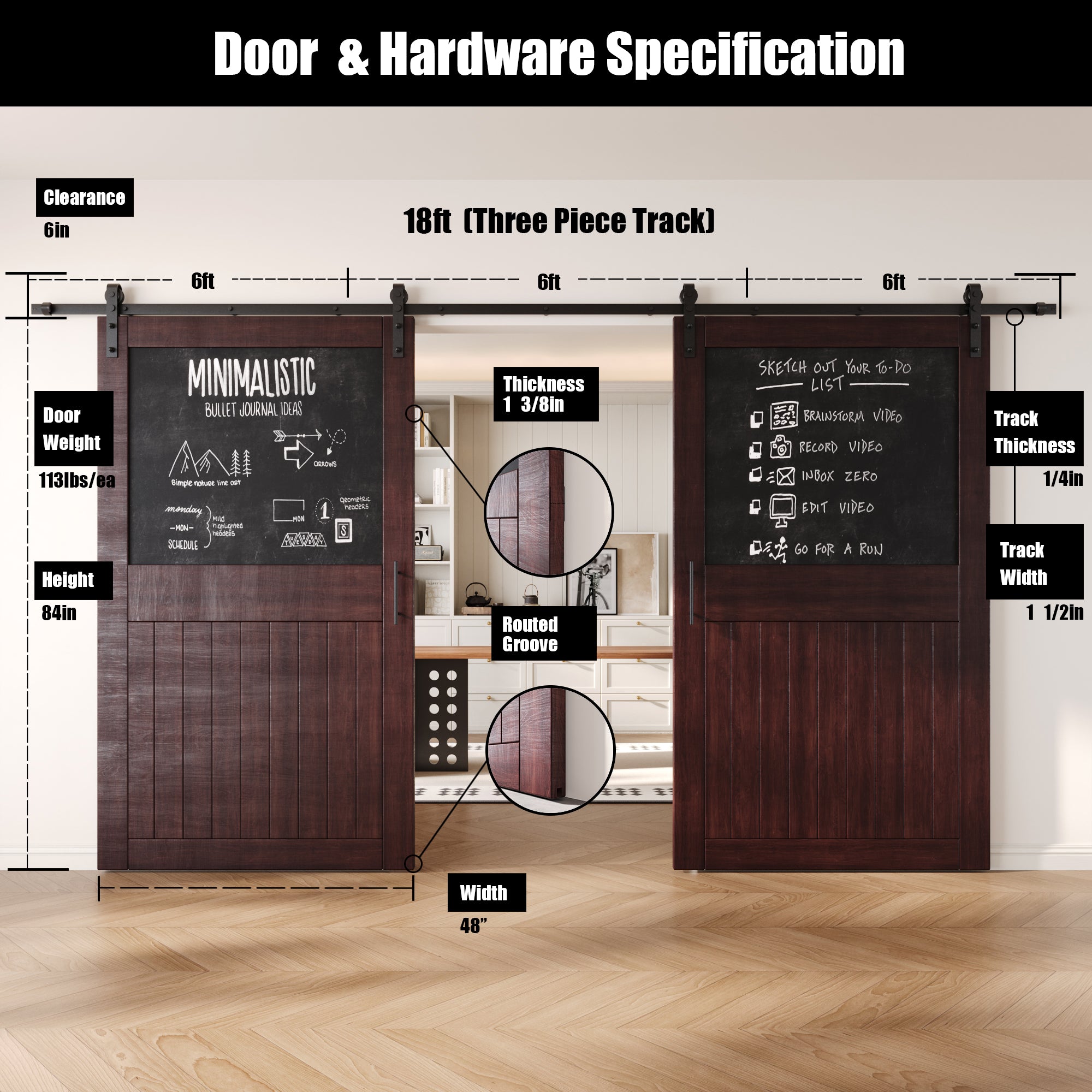 84" Height Red Mahogany Top Chalkboard Panel Double Unassembled & Finished Pine Wood Barn Doors with Non-Bypass Installation Hardware Kit (Interior Use Only)