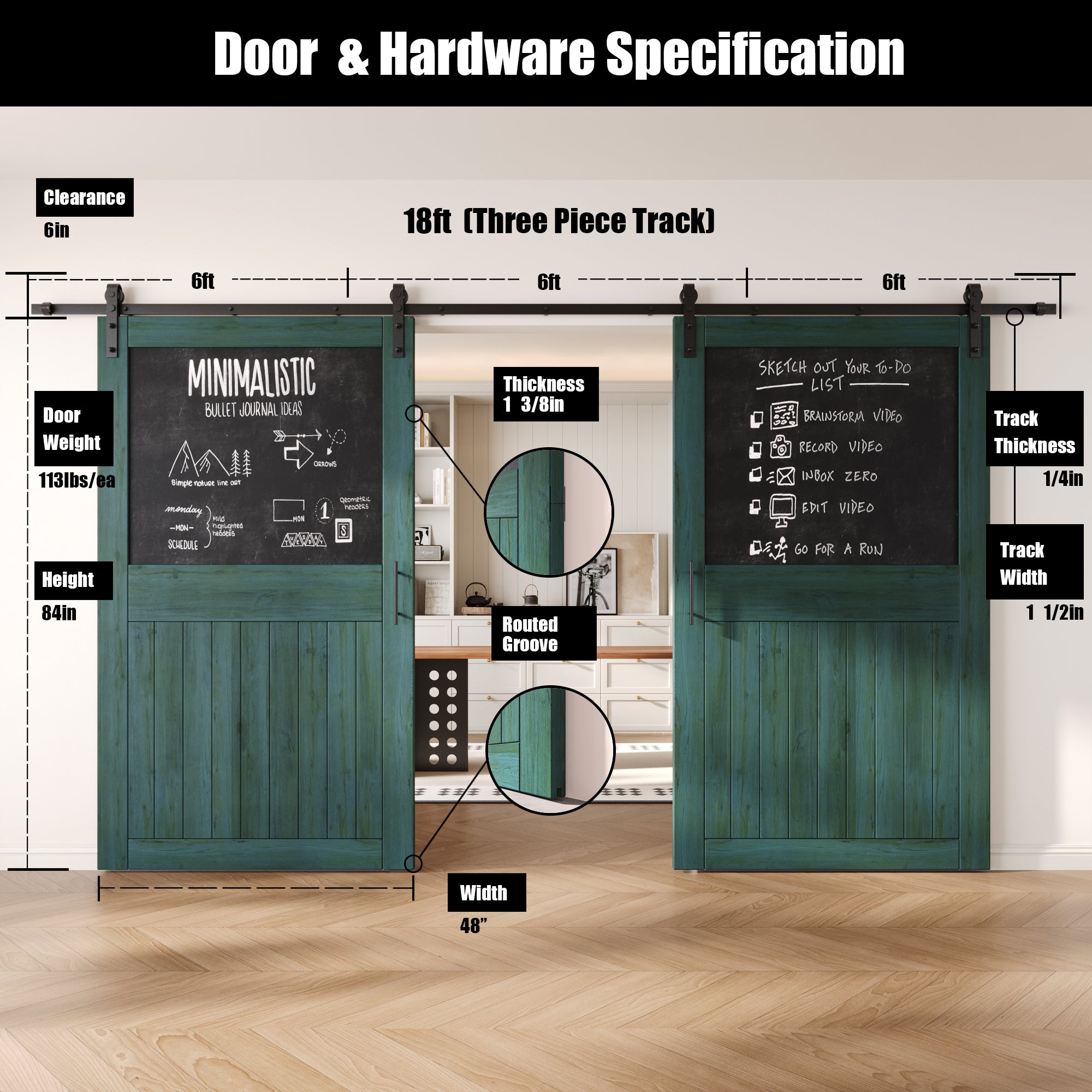 84" Height Royal Pine Top Chalkboard Panel Double Unassembled & Finished Pine Wood Barn Doors with Non-Bypass Installation Hardware Kit (Interior Use Only)