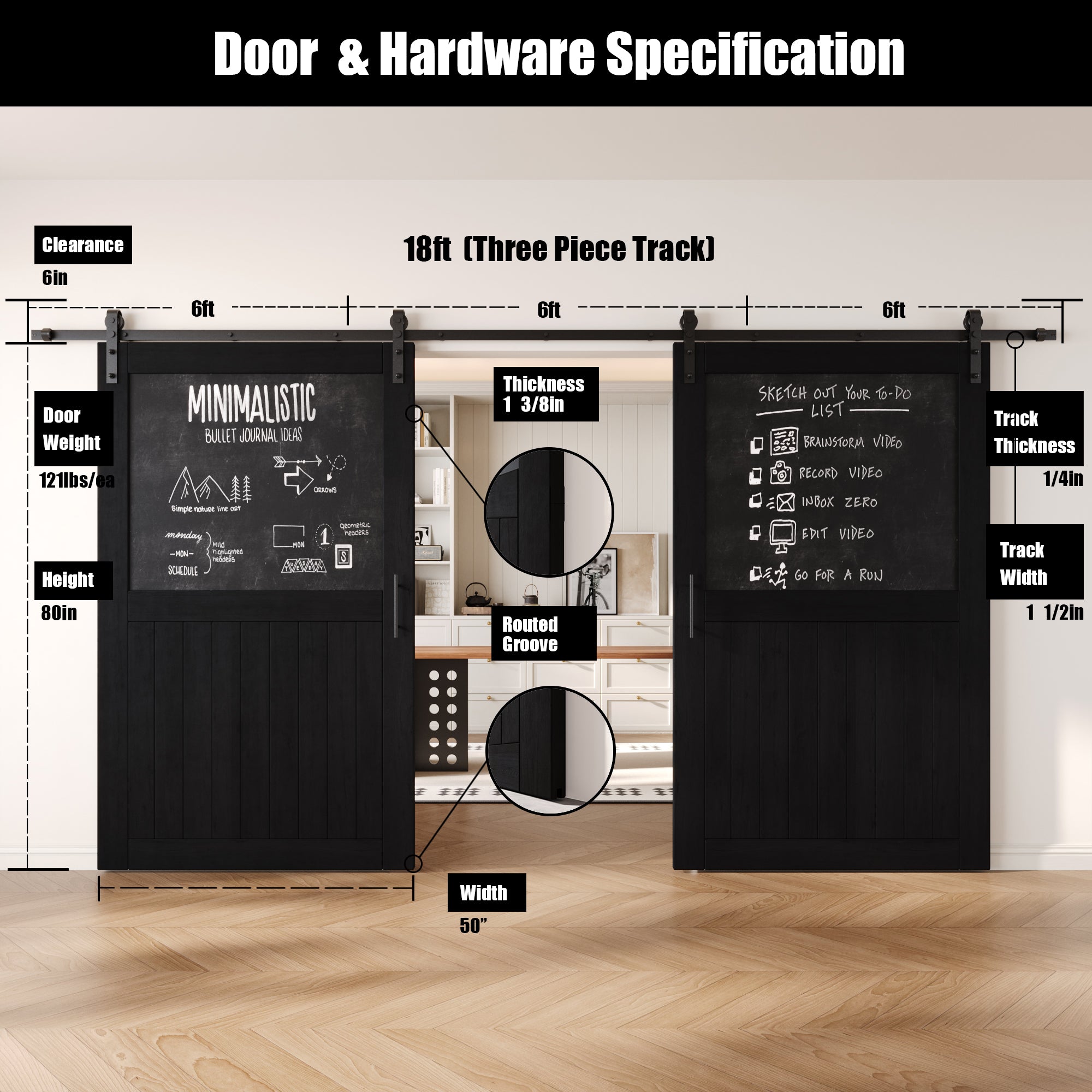 80" Height Black Top Chalkboard Panel Double Unassembled & Finished Pine Wood Barn Doors with Non-Bypass Installation Hardware Kit (Interior Use Only)