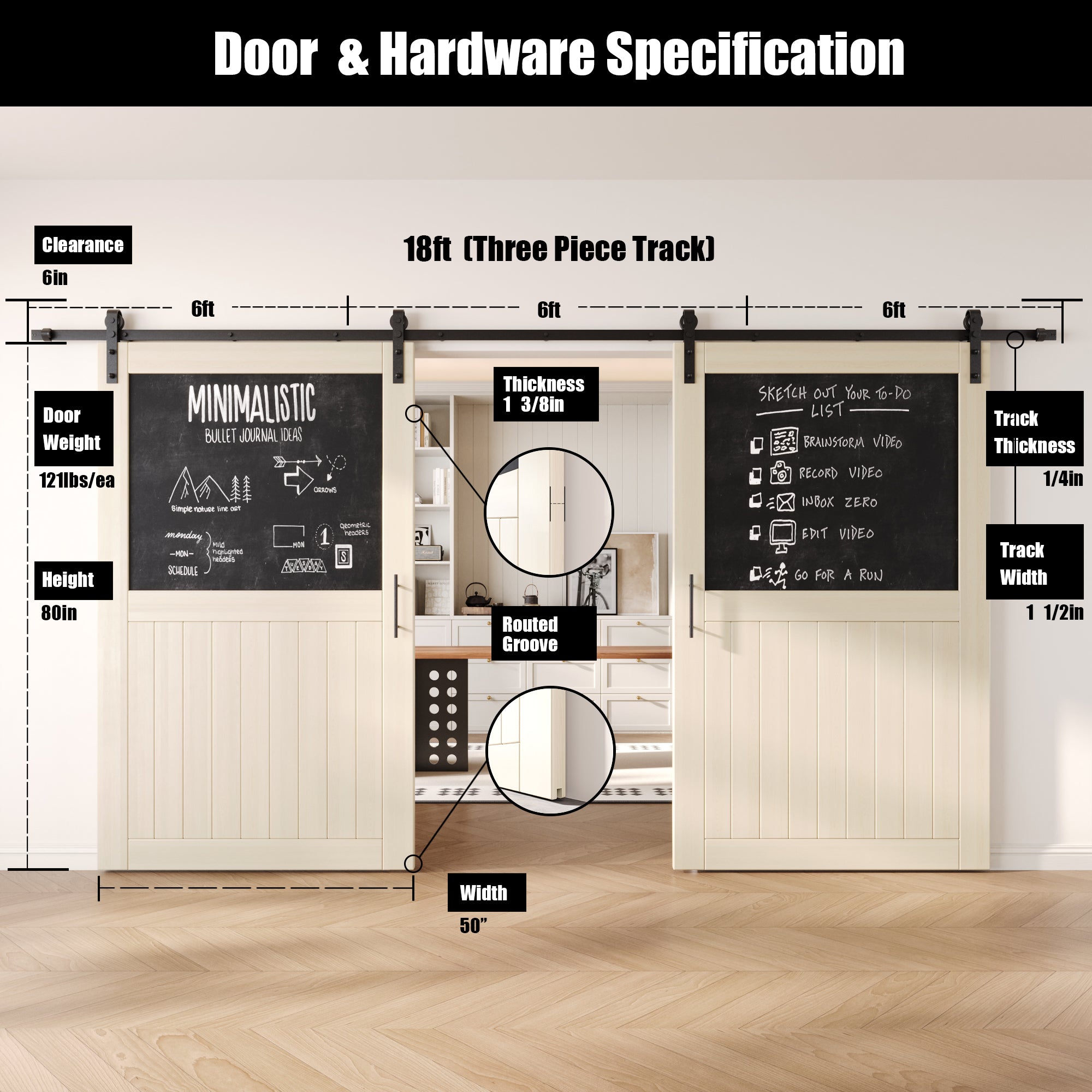 80" Height Tinsmith Gray Top Chalkboard Panel Double Unassembled & Finished Pine Wood Barn Doors with Non-Bypass Installation Hardware Kit (Interior Use Only)