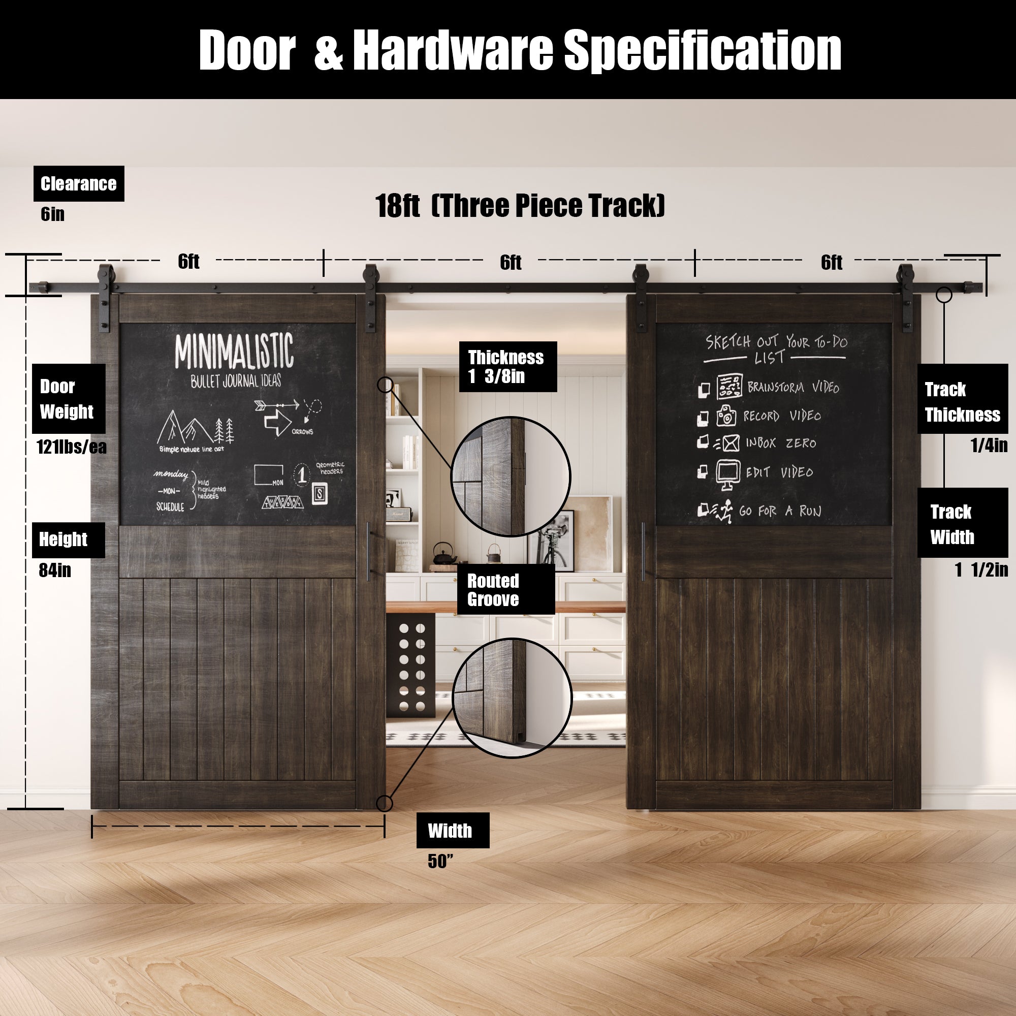 84" Height Ebony Top Chalkboard Panel Double Unassembled & Finished Pine Wood Barn Doors with Non-Bypass Installation Hardware Kit (Interior Use Only)