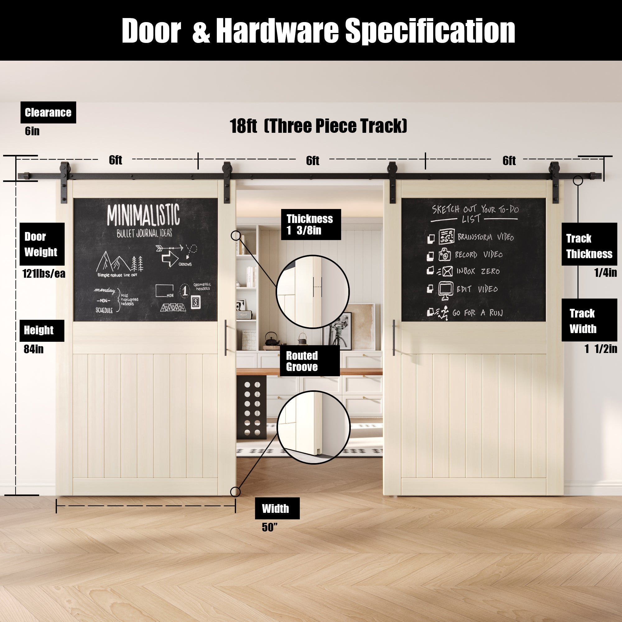 84" Height Tinsmith Gray Top Chalkboard Panel Double Unassembled & Finished Pine Wood Barn Doors with Non-Bypass Installation Hardware Kit (Interior Use Only)
