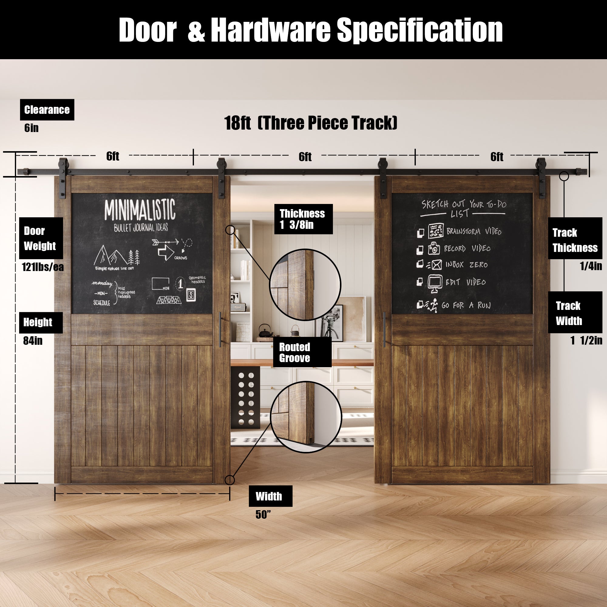 84" Height Dark Walnut Top Chalkboard Panel Double Unassembled & Finished Pine Wood Barn Doors with Non-Bypass Installation Hardware Kit (Interior Use Only)