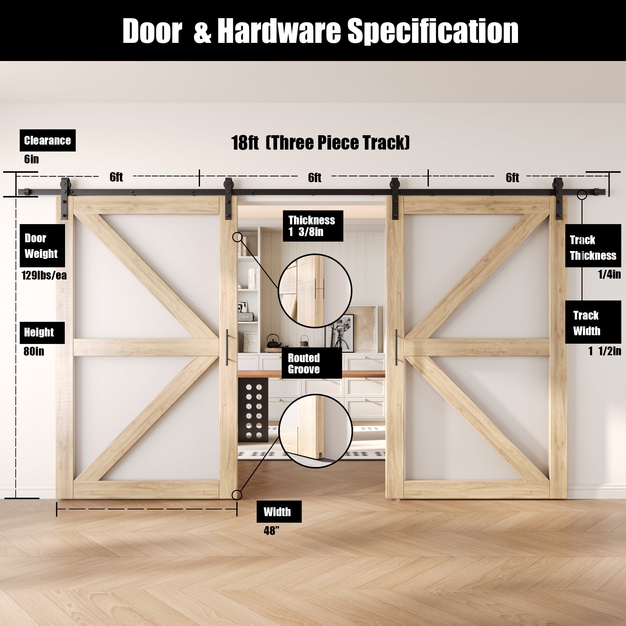 80" Height Arrow Pattern Glass Double Unassembled & Unfinished Pine Wood Barn Doors with Non-Bypass Installation Hardware Kit (Interior Use Only)