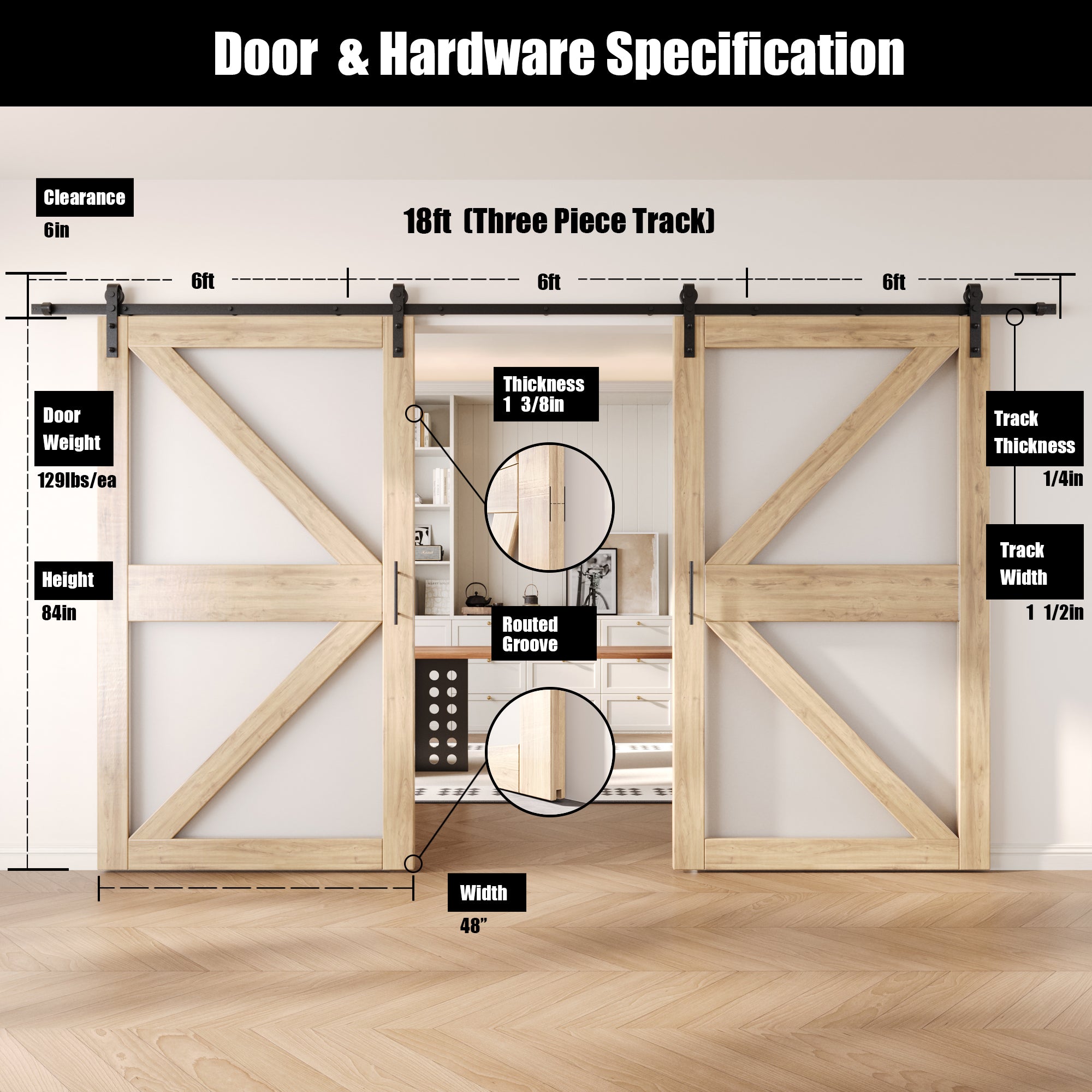 84" Height Arrow Pattern Glass Double Unassembled & Unfinished Pine Wood Barn Doors with Non-Bypass Installation Hardware Kit (Interior Use Only)