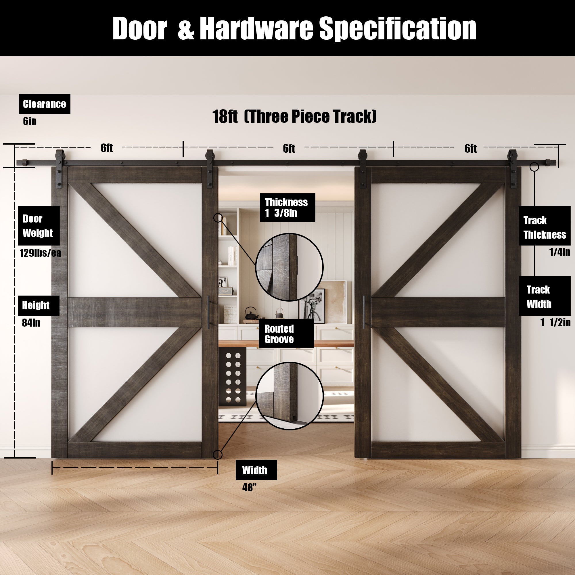 84" Height Ebony Arrow Pattern Glass Double Unassembled & Finished Pine Wood Barn Doors with Non-Bypass Installation Hardware Kit (Interior Use Only)