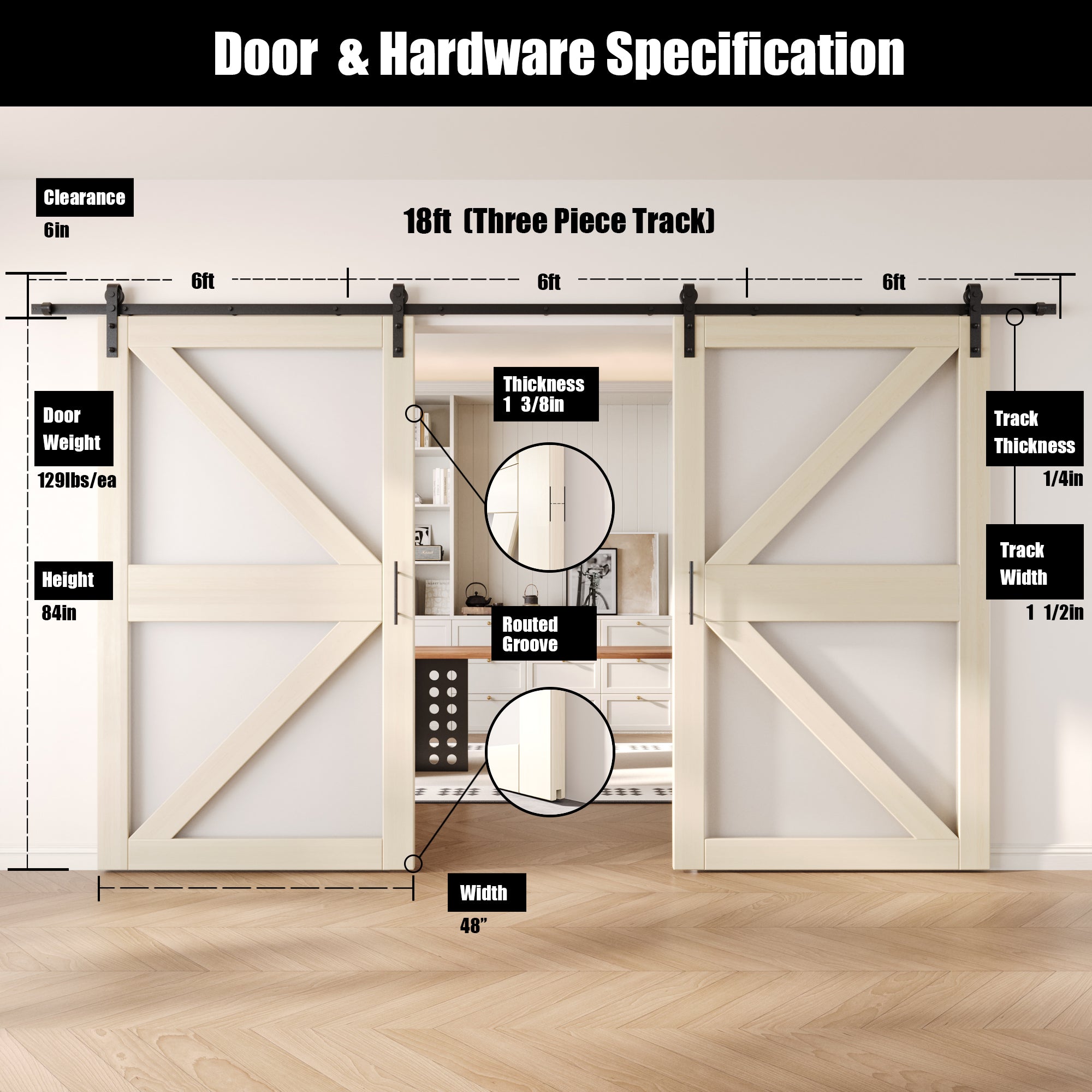 84" Height Tinsmith Gray Arrow Pattern Glass Double Unassembled & Finished Pine Wood Barn Doors with Non-Bypass Installation Hardware Kit (Interior Use Only)