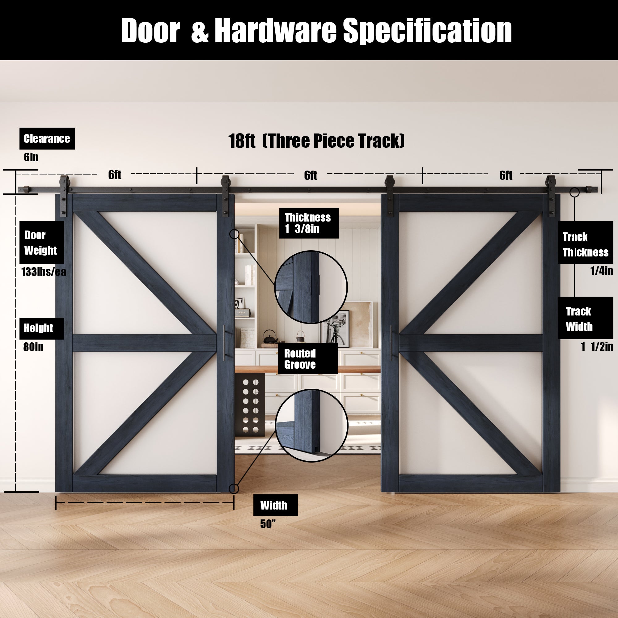 80" Height Navy Arrow Pattern Glass Double Unassembled & Finished Pine Wood Barn Doors with Non-Bypass Installation Hardware Kit (Interior Use Only)