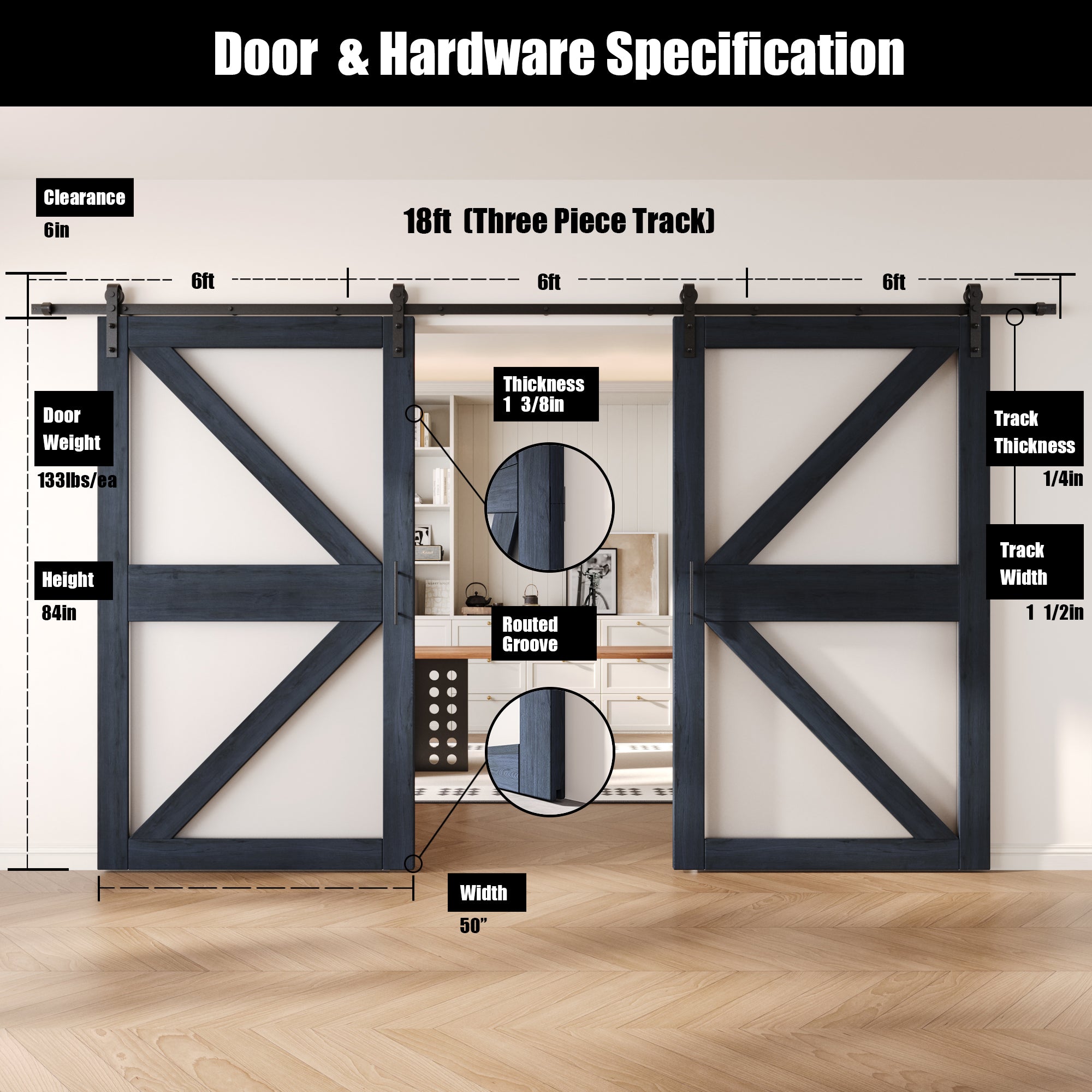84" Height Navy Arrow Pattern Glass Double Unassembled & Finished Pine Wood Barn Doors with Non-Bypass Installation Hardware Kit (Interior Use Only)
