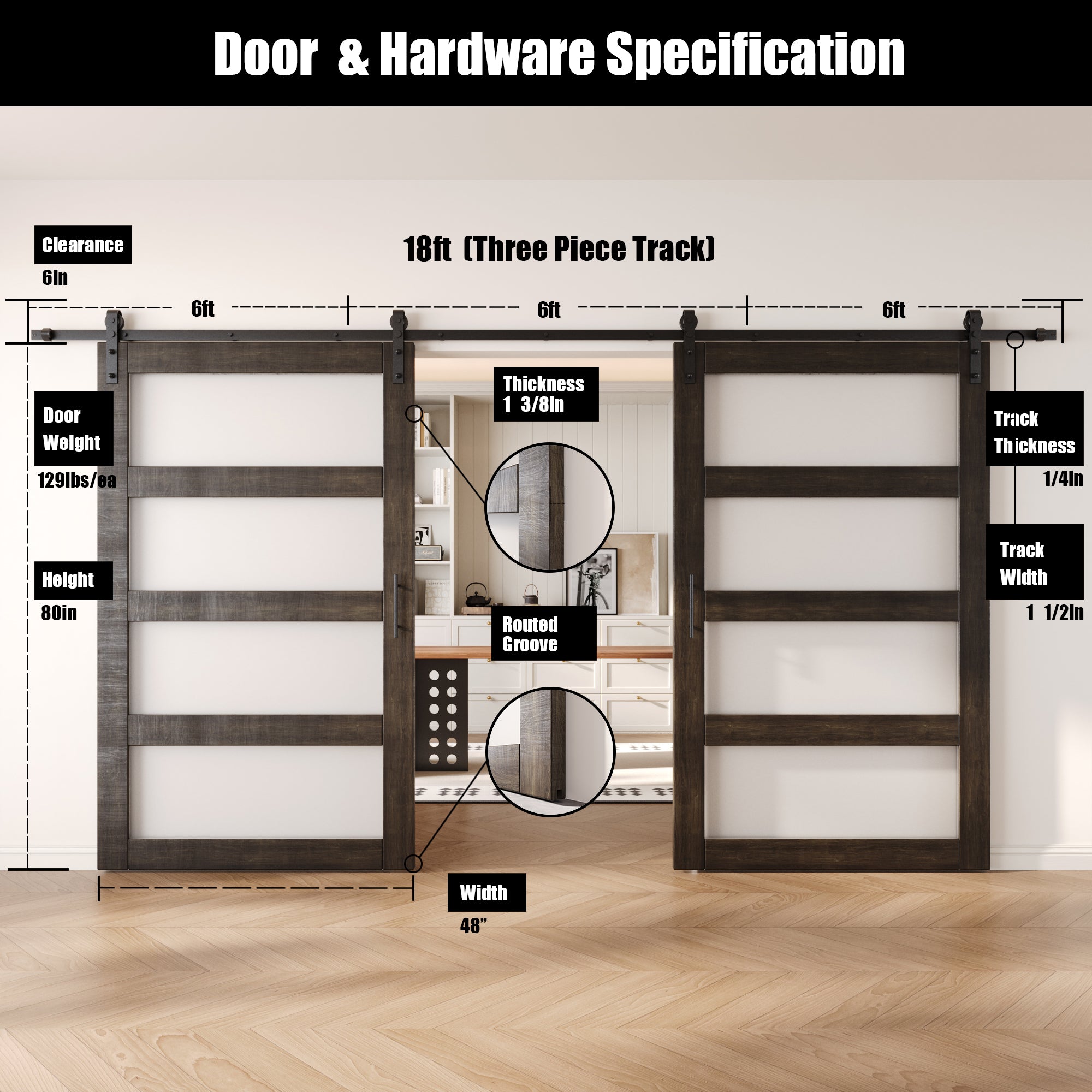 80" Height Ebony 4-Lite Frosted Glass Double Unassembled & Finished Pine Wood Barn Doors with Non-Bypass Installation Hardware Kit (Interior Use Only)