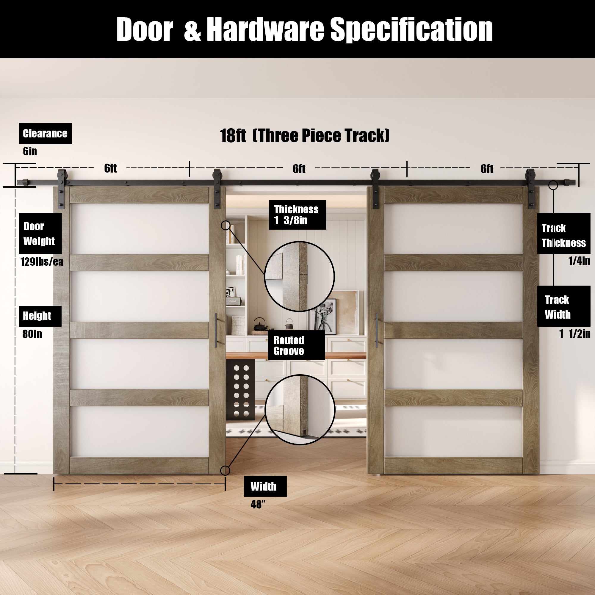 80" Height Classic Gray 4-Lite Frosted Glass Double Unassembled & Finished Pine Wood Barn Doors with Non-Bypass Installation Hardware Kit (Interior Use Only)