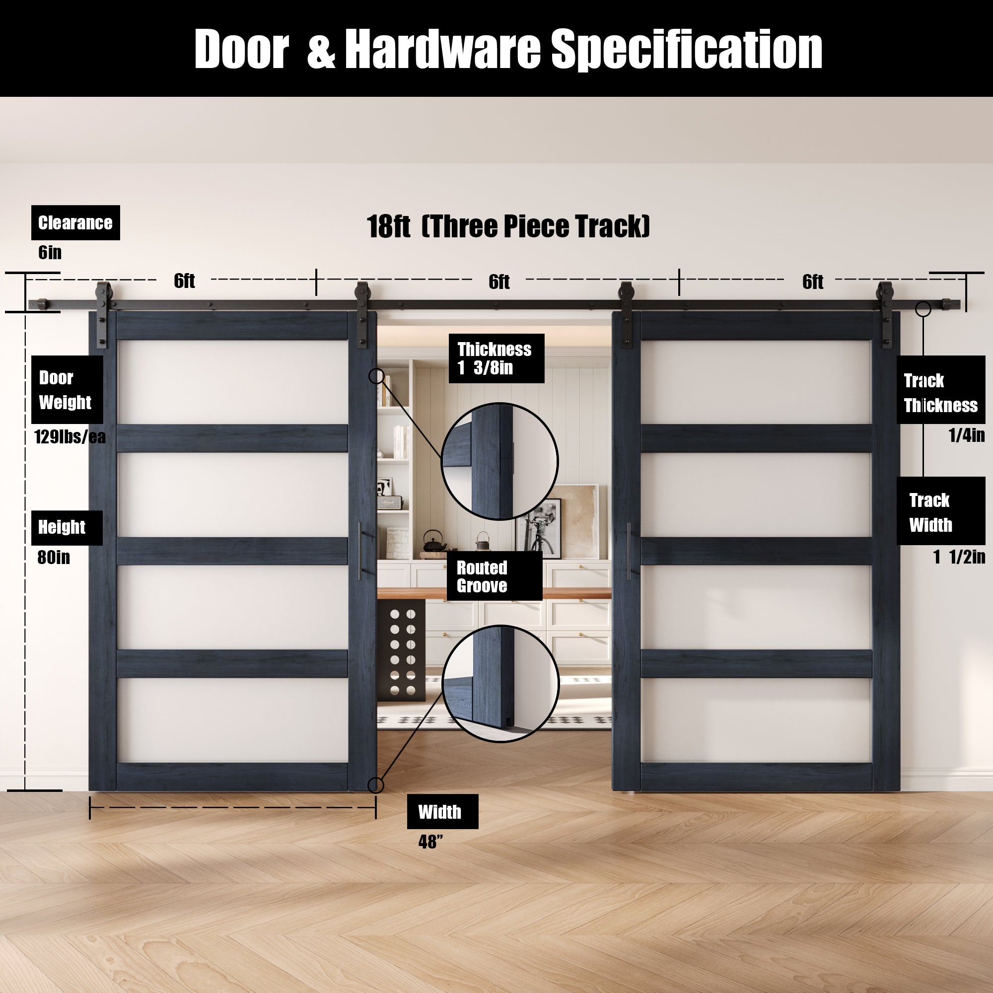80" Height Navy 4-Lite Frosted Glass Double Unassembled & Finished Pine Wood Barn Doors with Non-Bypass Installation Hardware Kit (Interior Use Only)