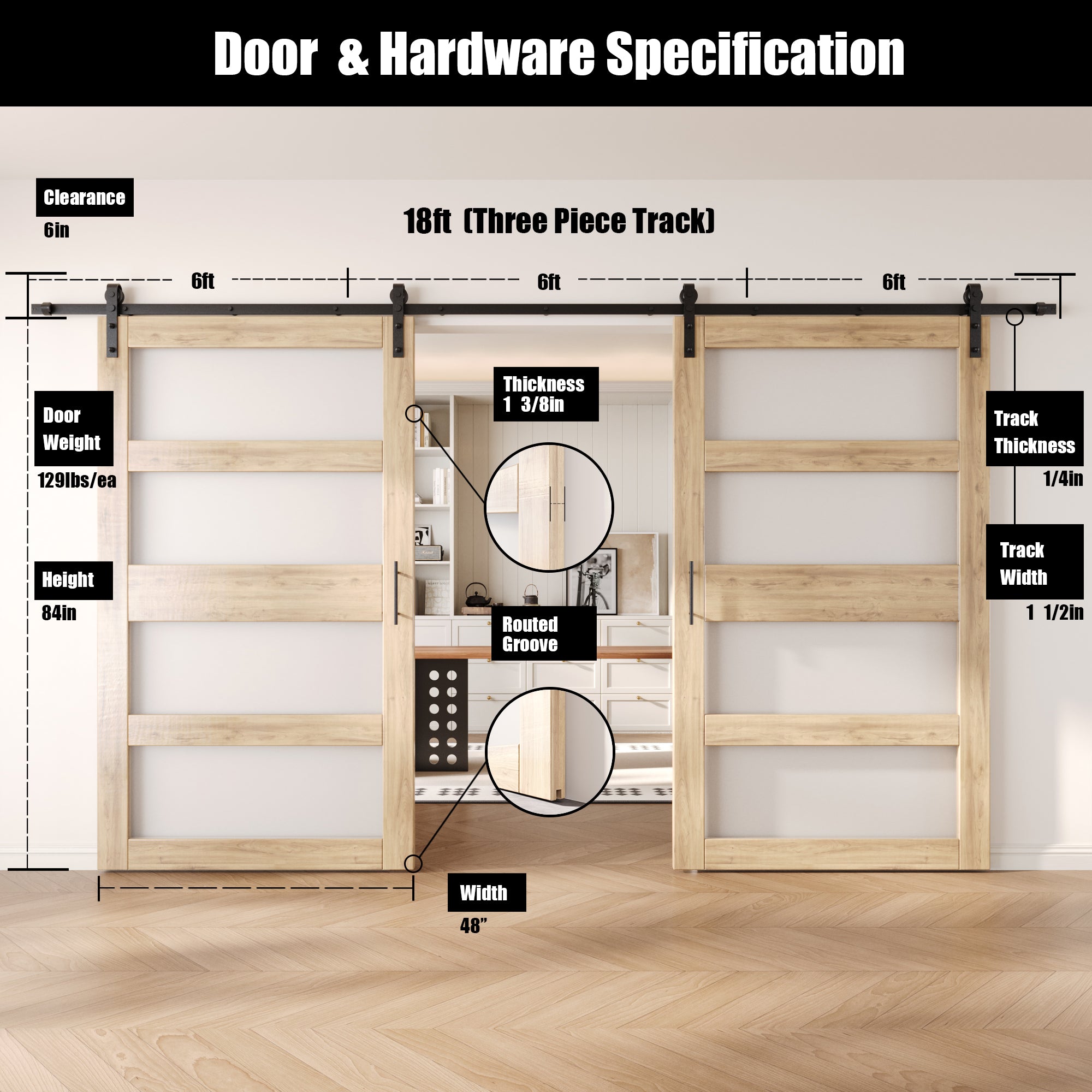 84" Height 4-Lite Frosted Glass Double Unassembled & Unfinished Pine Wood Barn Doors with Non-Bypass Installation Hardware Kit (Interior Use Only)