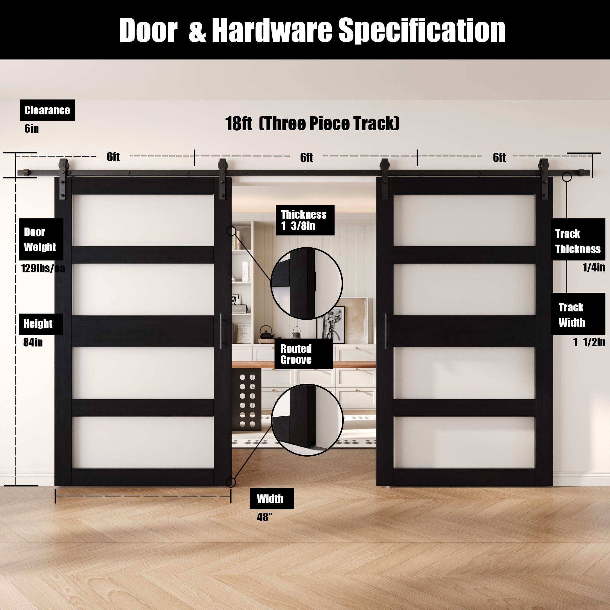 84" Height Black 4-Lite Frosted Glass Double Unassembled & Finished Pine Wood Barn Doors with Non-Bypass Installation Hardware Kit (Interior Use Only)