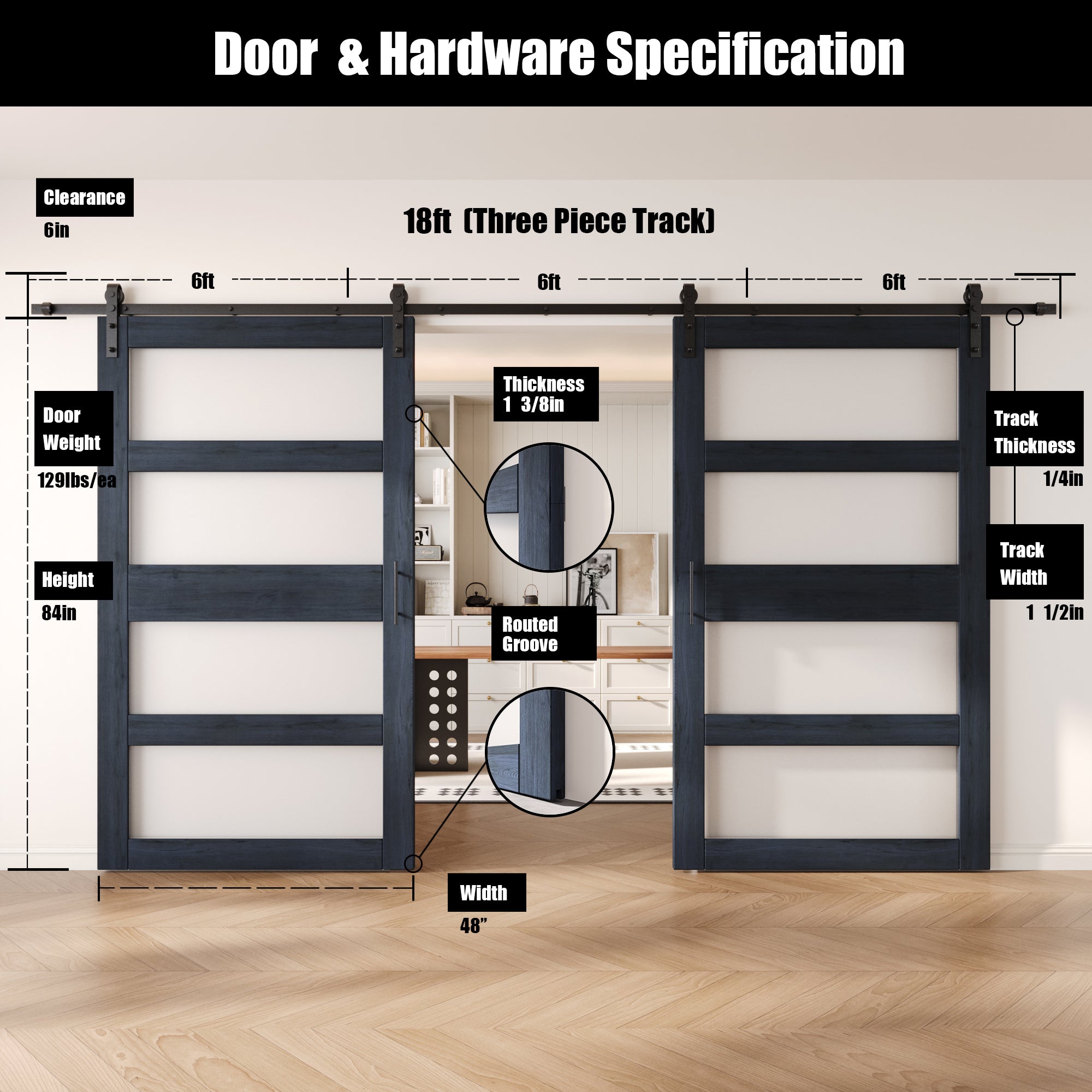 84" Height Navy 4-Lite Frosted Glass Double Unassembled & Finished Pine Wood Barn Doors with Non-Bypass Installation Hardware Kit (Interior Use Only)