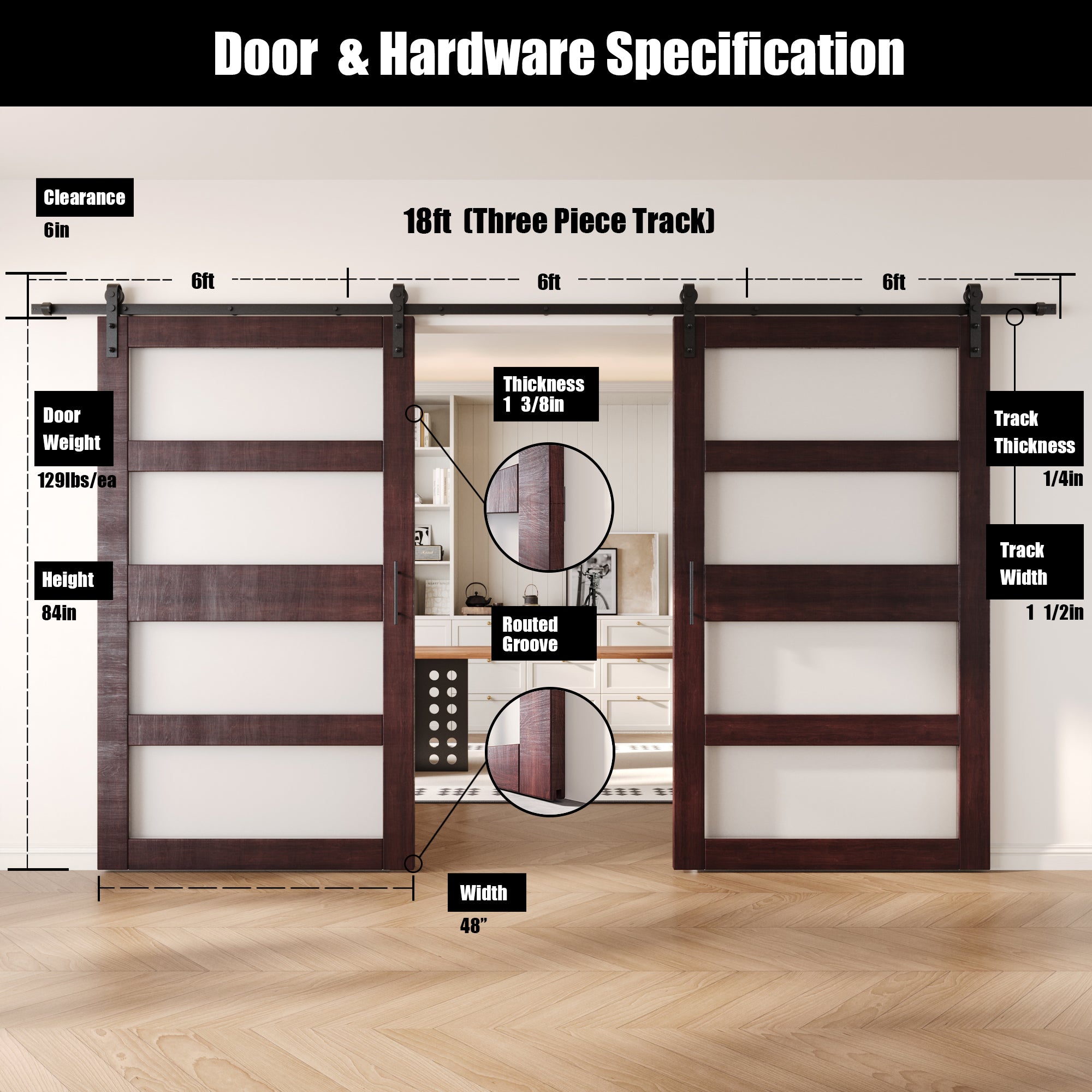 84" Height Red Mahogany 4-Lite Frosted Glass Double Unassembled & Finished Pine Wood Barn Doors with Non-Bypass Installation Hardware Kit (Interior Use Only)