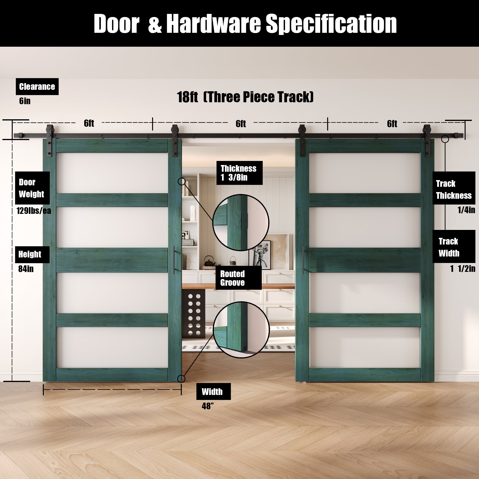 84" Height Royal Pine 4-Lite Frosted Glass Double Unassembled & Finished Pine Wood Barn Doors with Non-Bypass Installation Hardware Kit (Interior Use Only)