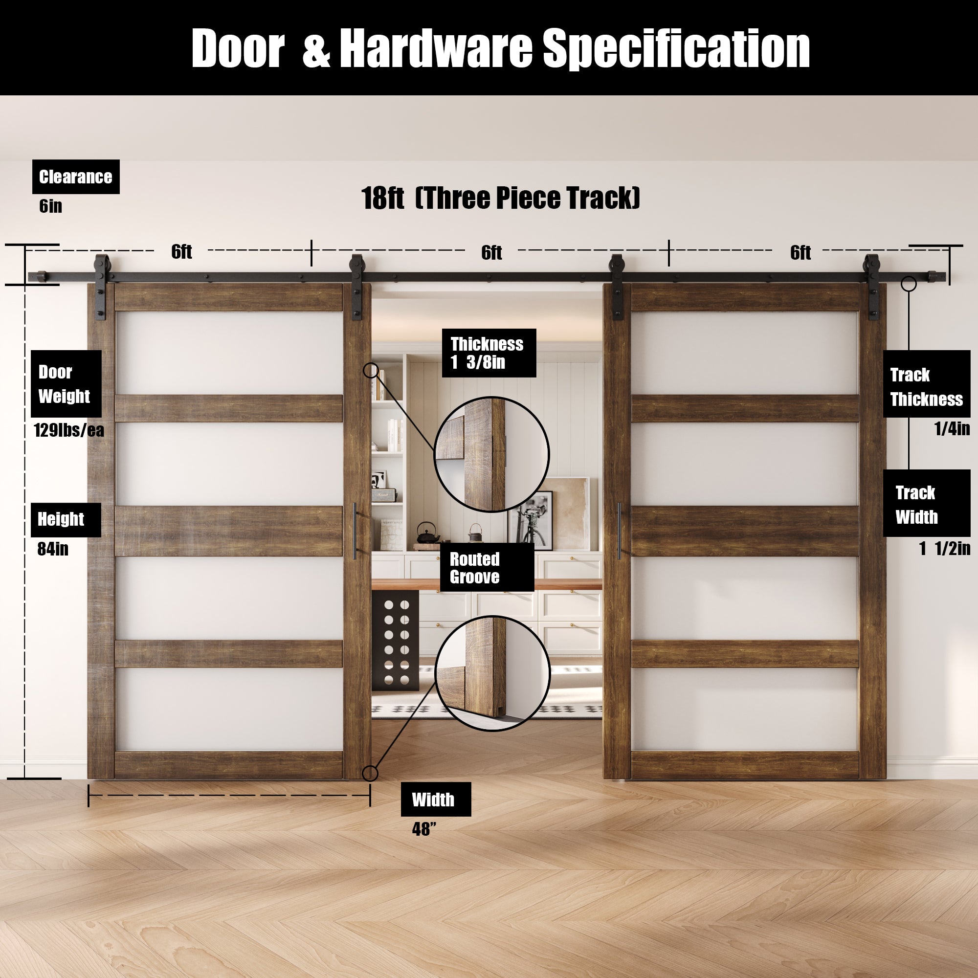 84" Height Dark Walnut 4-Lite Frosted Glass Double Unassembled & Finished Pine Wood Barn Doors with Non-Bypass Installation Hardware Kit (Interior Use Only)