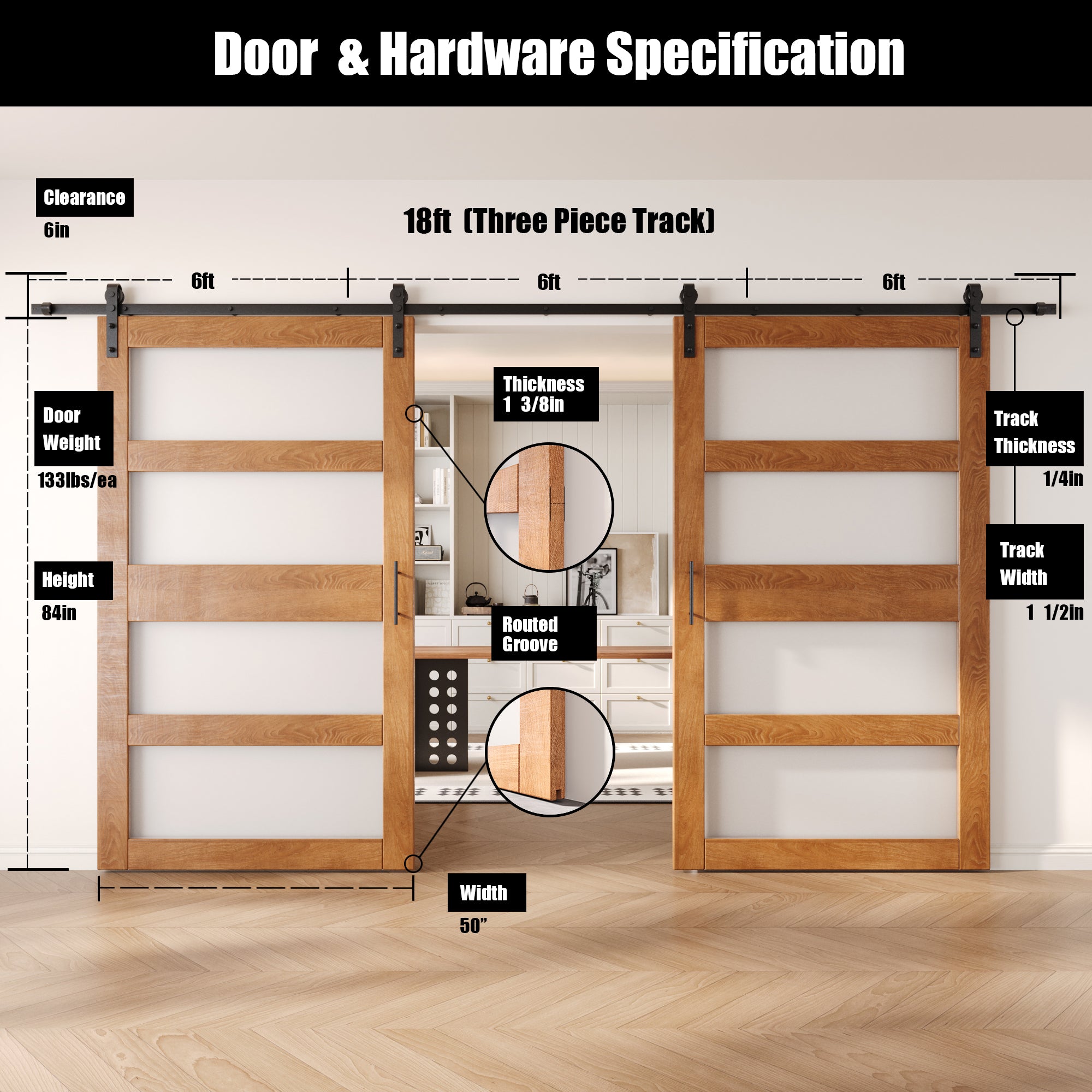 84" Height Early American 4-Lite Frosted Glass Double Unassembled & Finished Pine Wood Barn Doors with Non-Bypass Installation Hardware Kit (Interior Use Only)