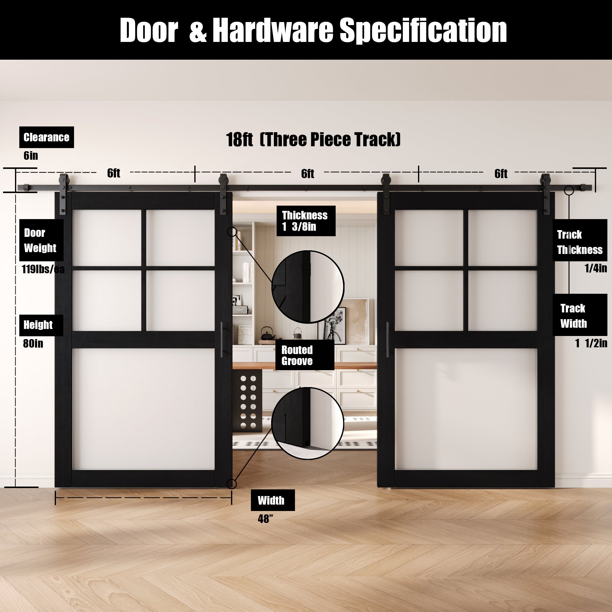 80" Height Black 5-Lite Frosted Glass Double Unassembled & Finished Pine Wood Barn Doors with Non-Bypass Installation Hardware Kit (Interior Use Only)