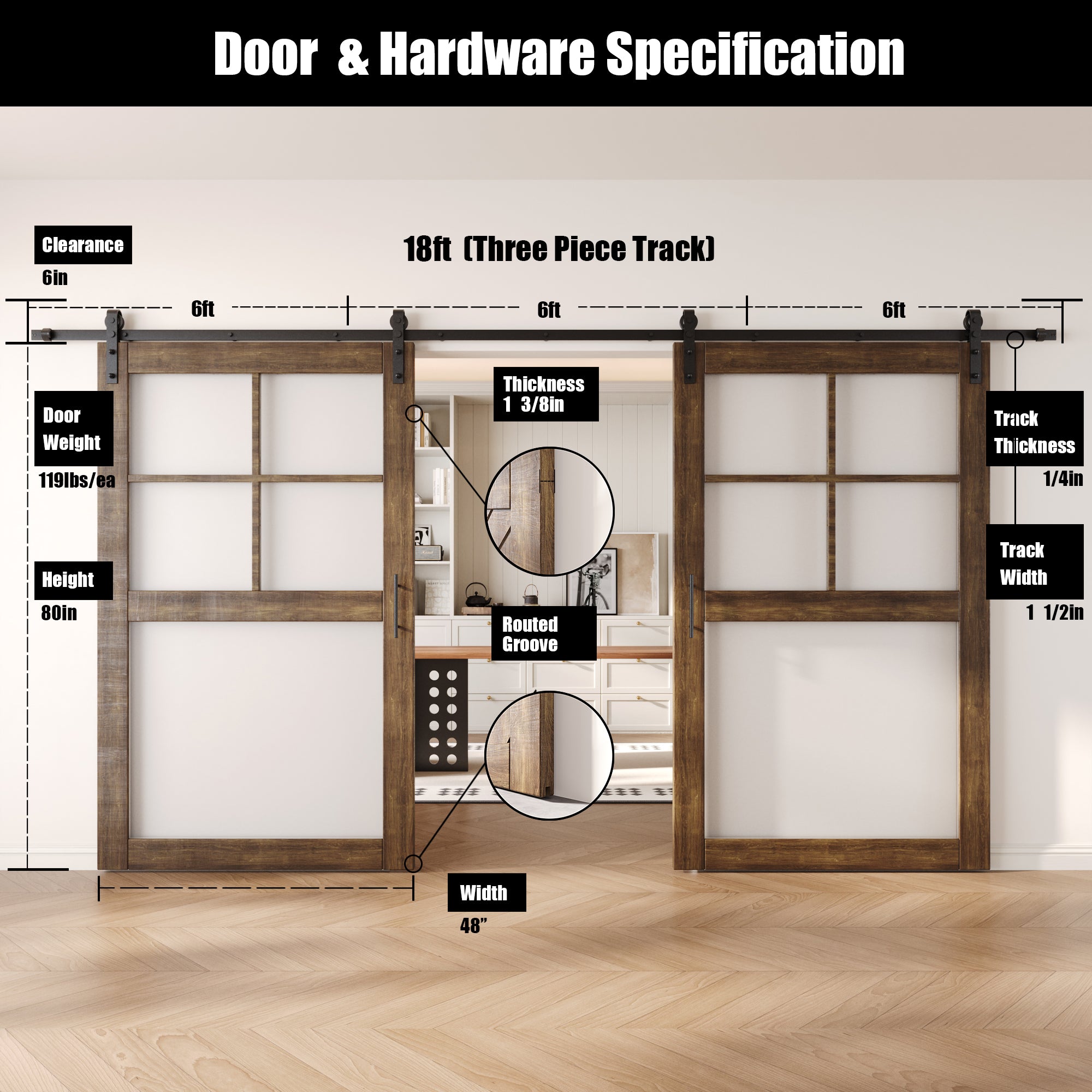 80" Height Dark Walnut 5-Lite Frosted Glass Double Unassembled & Finished Pine Wood Barn Doors with Non-Bypass Installation Hardware Kit (Interior Use Only)