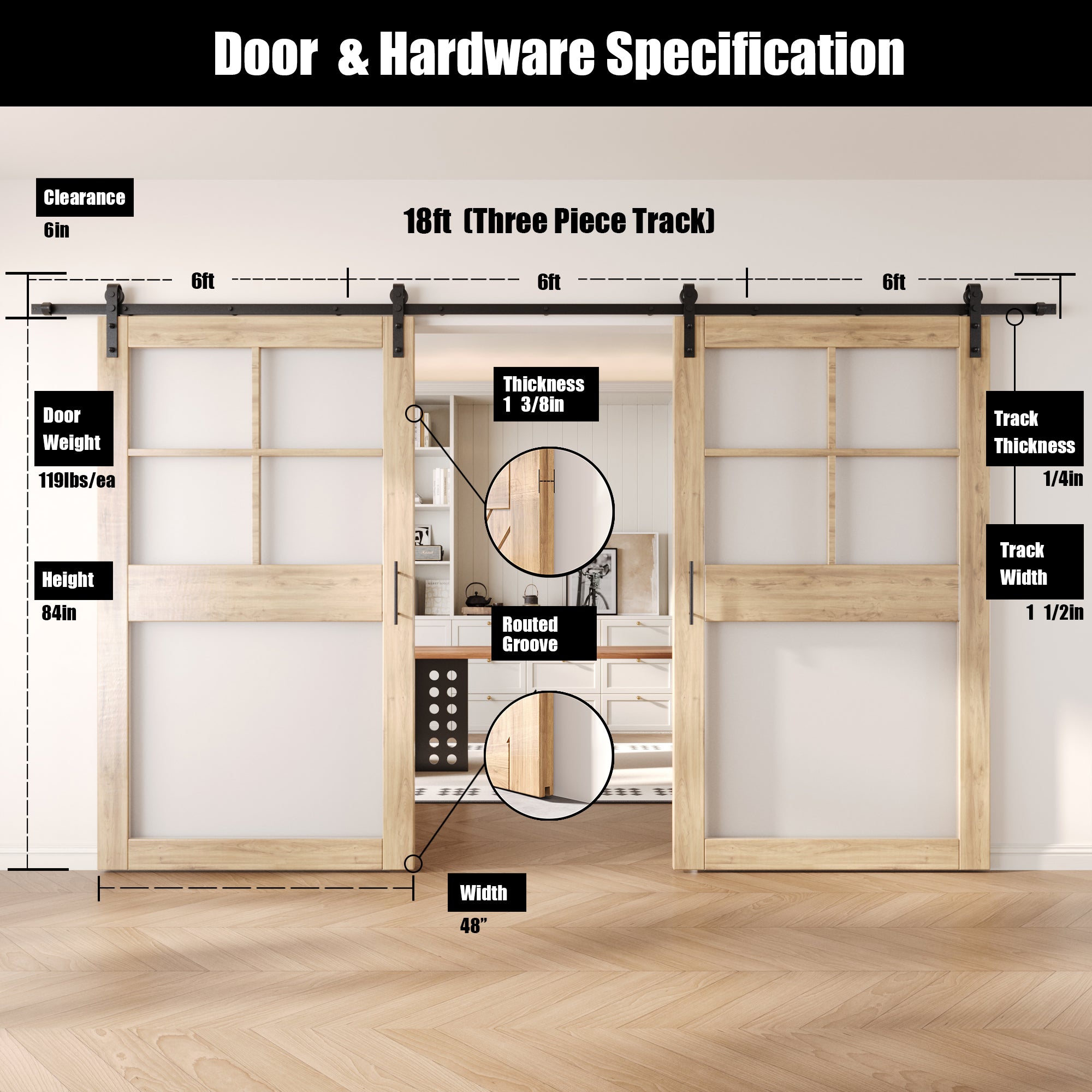84" Height 5-Lite Frosted Glass Double Unassembled & Unfinished Pine Wood Barn Doors with Non-Bypass Installation Hardware Kit (Interior Use Only)