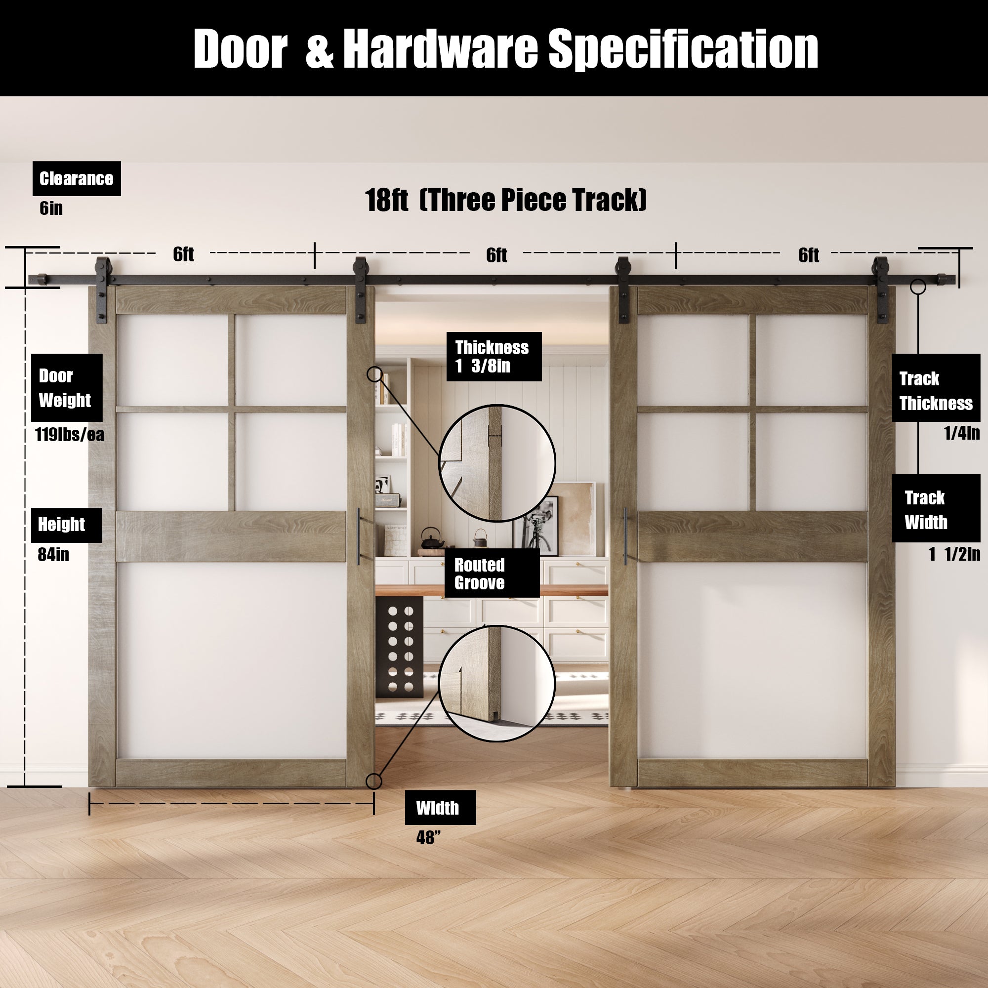 84" Height Classic Gray 5-Lite Frosted Glass Double Unassembled & Finished Pine Wood Barn Doors with Non-Bypass Installation Hardware Kit (Interior Use Only)