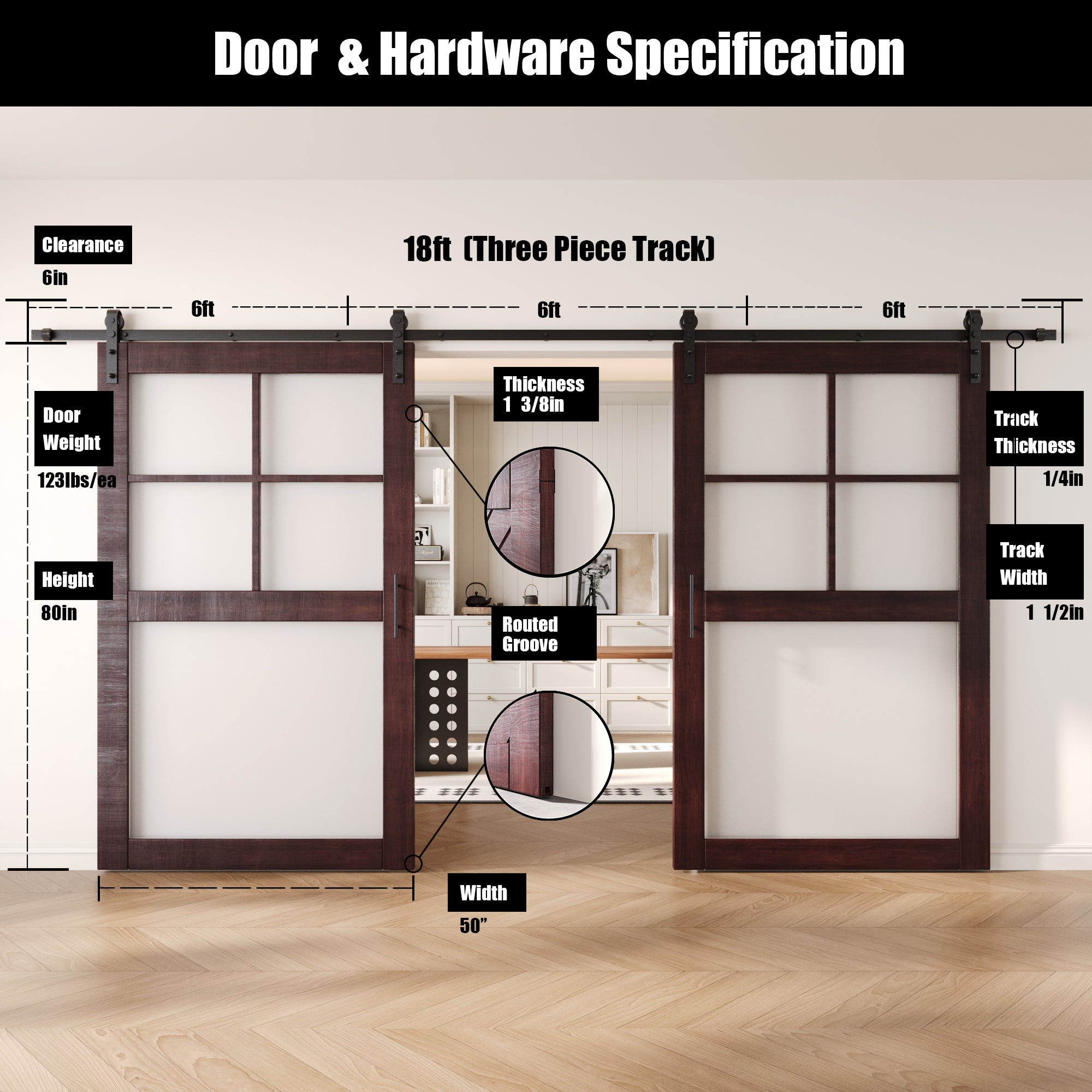 80" Height Red Mahogany 5-Lite Frosted Glass Double Unassembled & Finished Pine Wood Barn Doors with Non-Bypass Installation Hardware Kit (Interior Use Only)