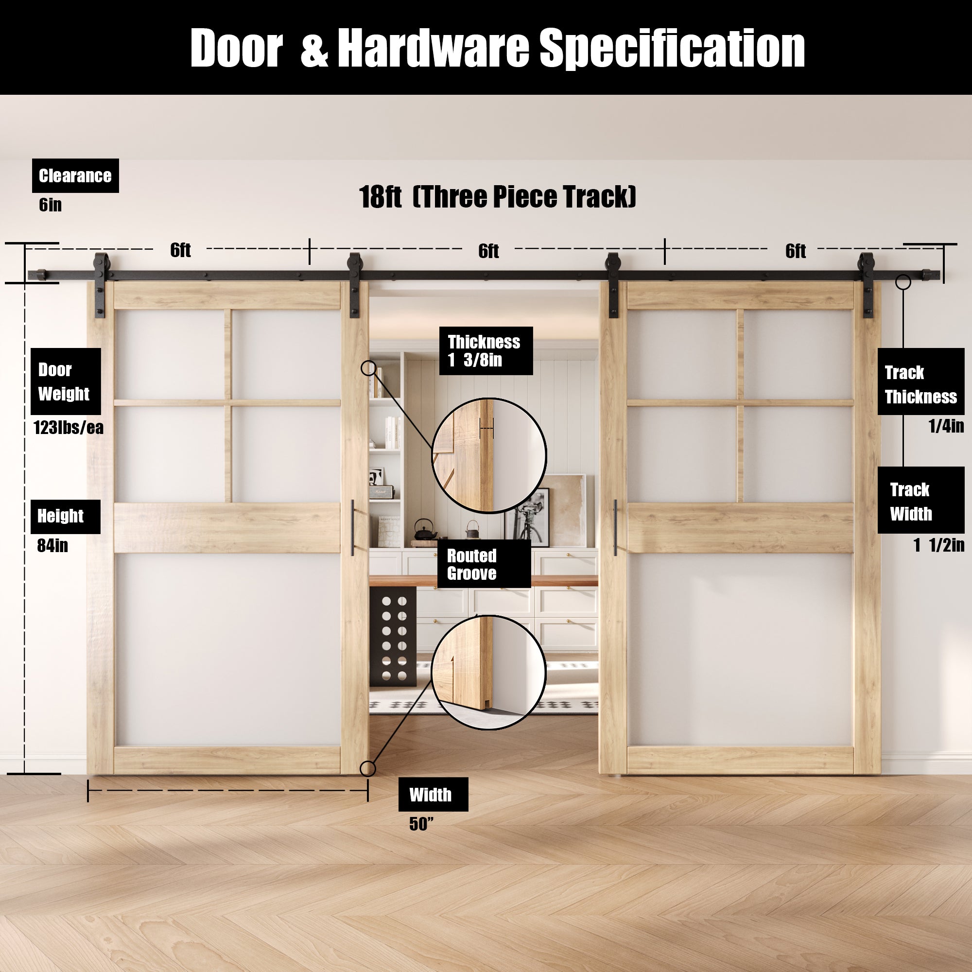 84" Height 5-Lite Frosted Glass Double Unassembled & Unfinished Pine Wood Barn Doors with Non-Bypass Installation Hardware Kit (Interior Use Only)
