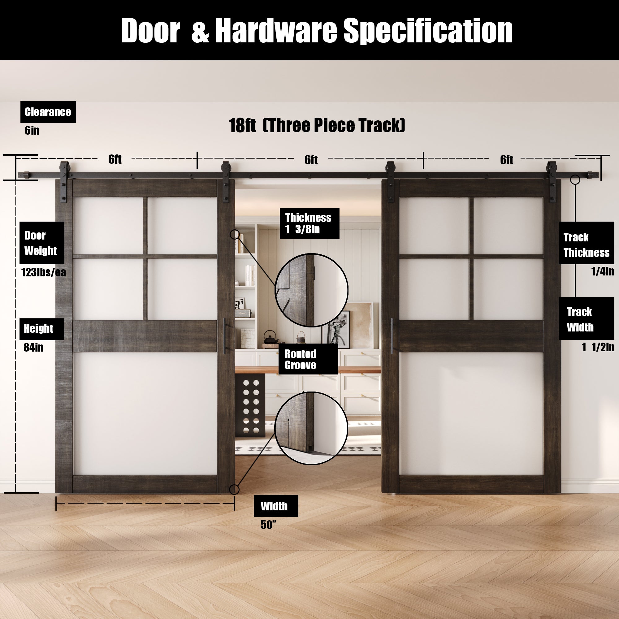 84" Height Ebony 5-Lite Frosted Glass Double Unassembled & Finished Pine Wood Barn Doors with Non-Bypass Installation Hardware Kit (Interior Use Only)