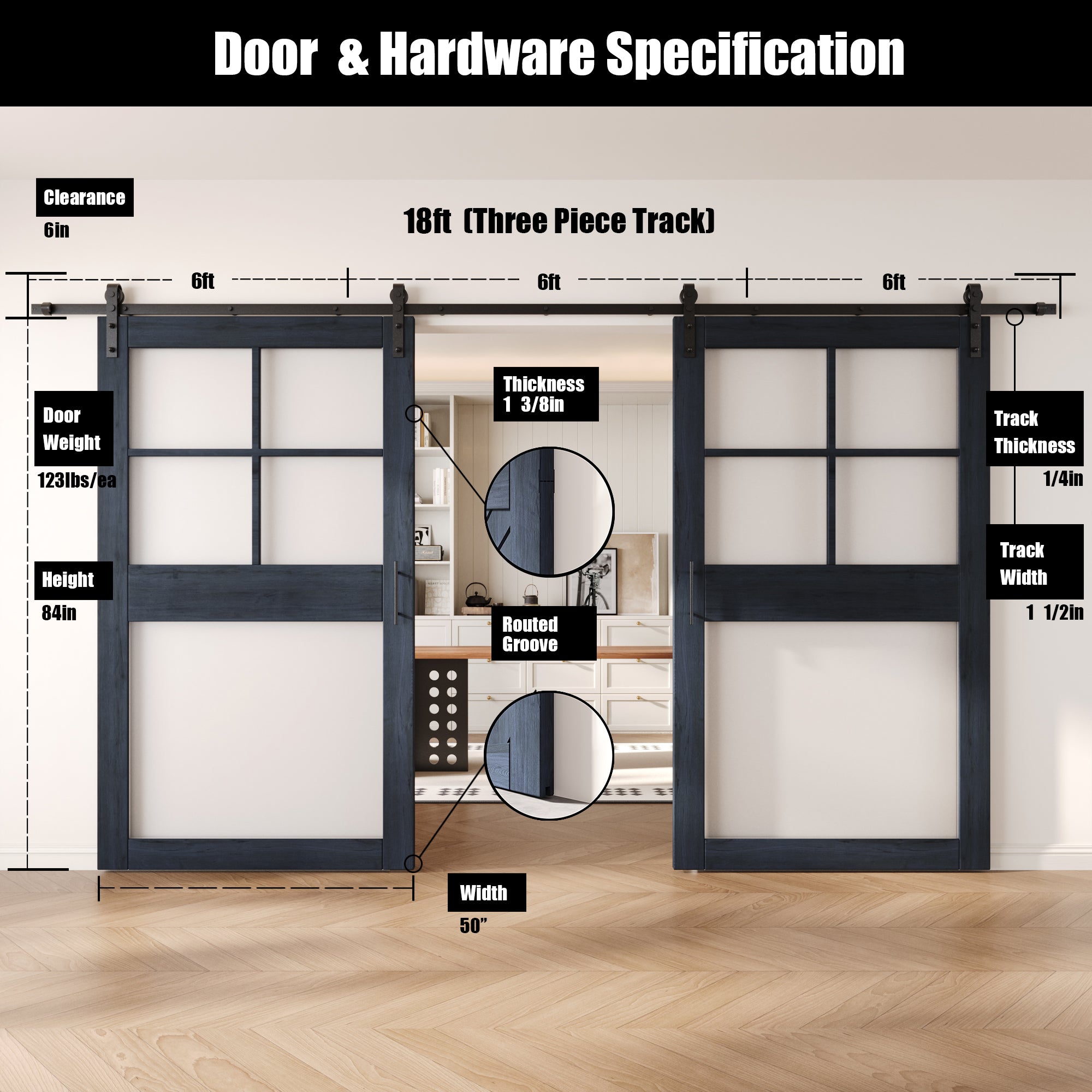 84" Height Navy 5-Lite Frosted Glass Double Unassembled & Finished Pine Wood Barn Doors with Non-Bypass Installation Hardware Kit (Interior Use Only)