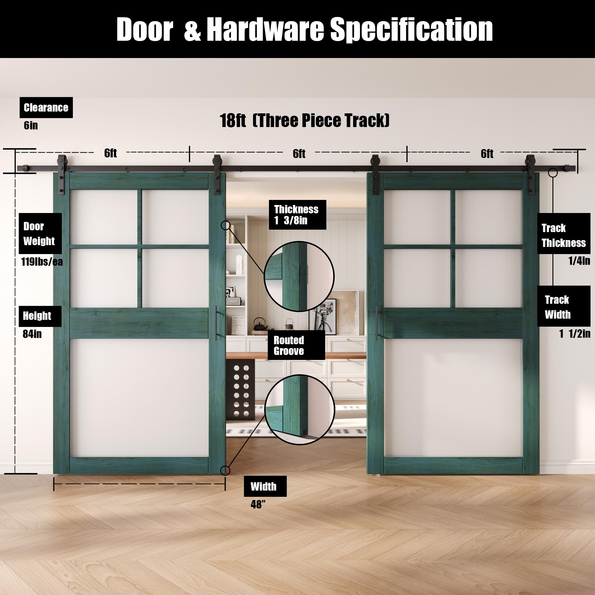 84" Height Royal Pine 5-Lite Frosted Glass Double Unassembled & Finished Pine Wood Barn Doors with Non-Bypass Installation Hardware Kit (Interior Use Only)